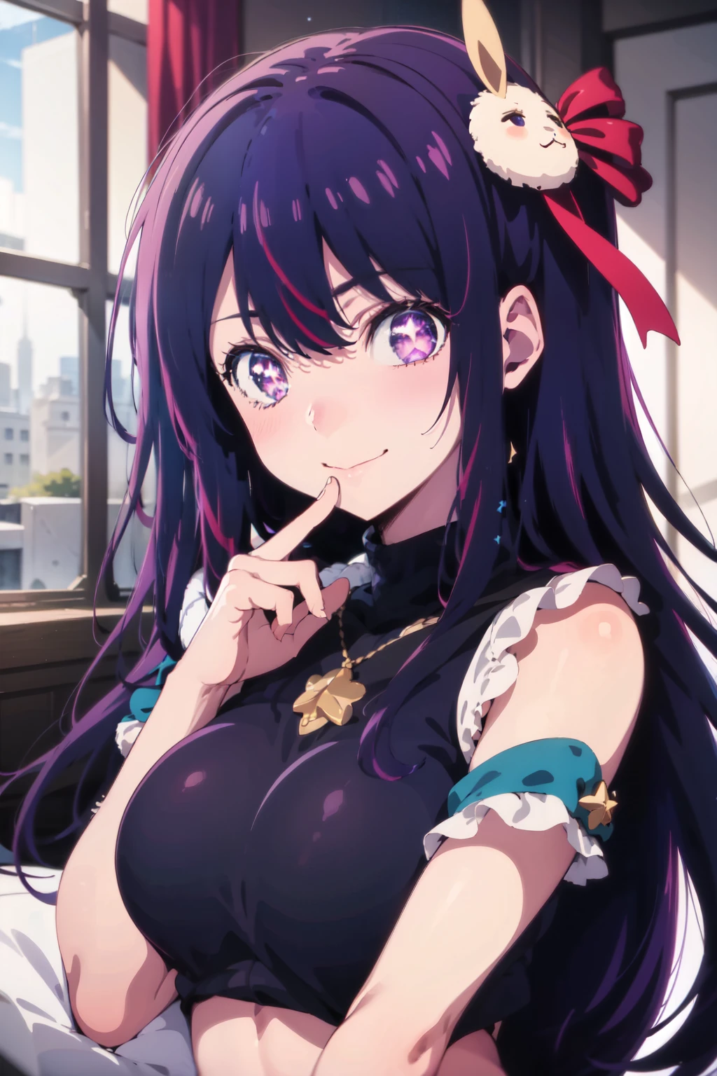 Anime background art, bottom of room, one bed, lying on a bed, beautiful anime scenes, 4K anime art wallpaper, 4k anime art wallpaper, Rosla global illumination, anime girl, best quality, detailed, 1 girl, alone, same as LORA, same as lora, closed mouth, smile, purple hair, head accessory, defined eyes, purple eyes, two eyes with star, looking at viewer, perfect face, perfect eyes, idol costume, big tits.