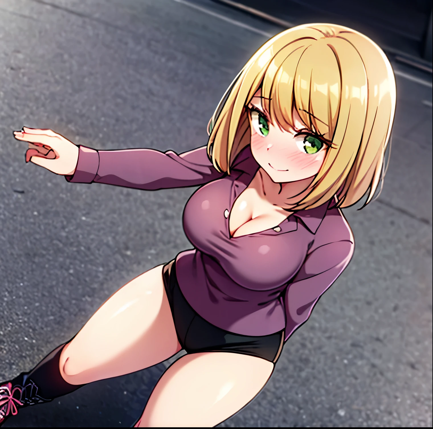 1 girl, alone, desumi magahara, short hair, blonde hair, green eyes, big breasts, medium waist, wide hips, medium thighs, round butt, pink blouse with black details, tight blouse, cleavage, black shorts, short shorts, shoes black, blushing, embarrassed, city, street, standing, good lighting, smile, alone, dutch angle, looking at viewer, head on, point of view (from above), antonia perfection, perfect hands, cowboy photo,