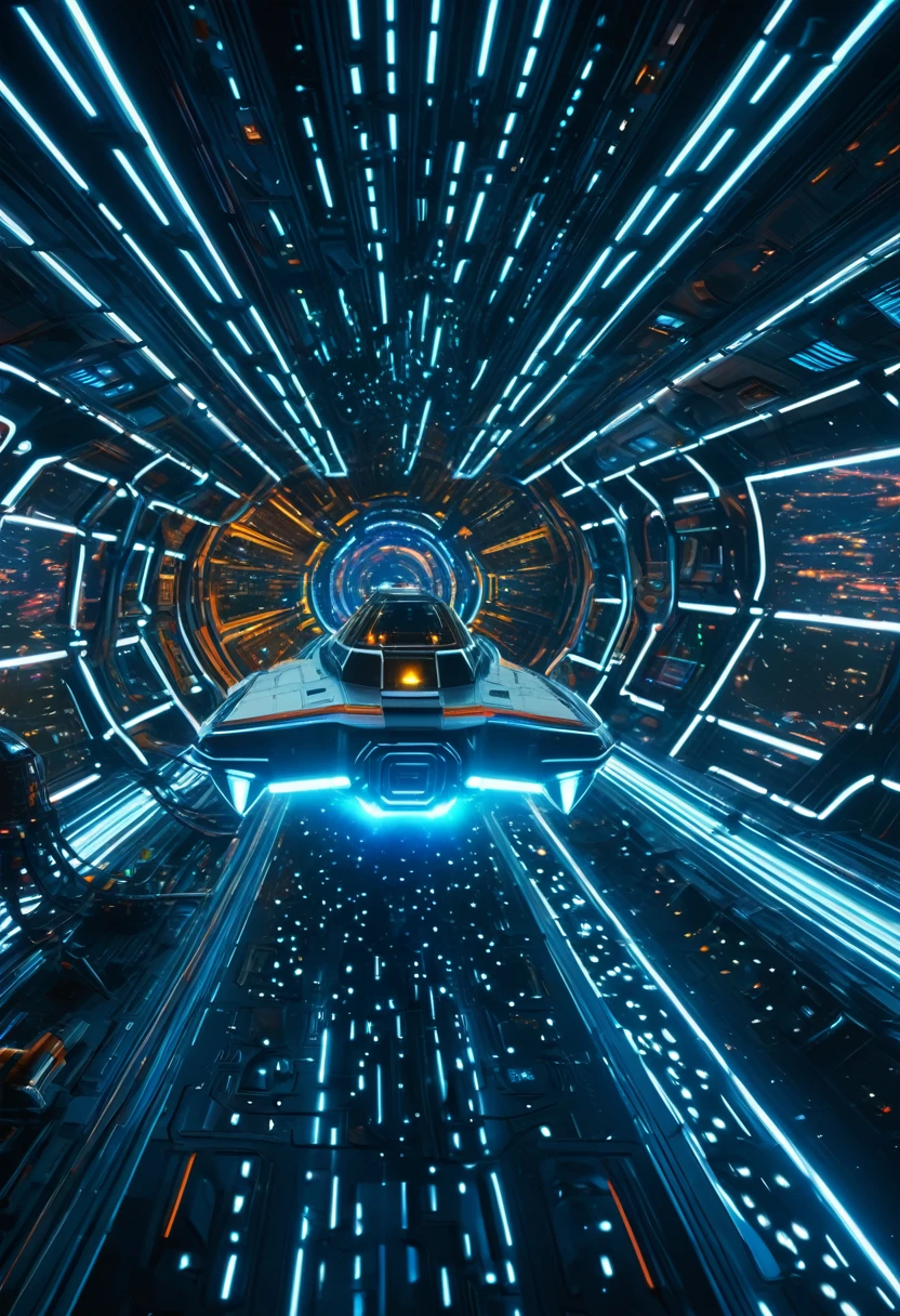 1girl, highly detailed, spacecraft flying through hyperspace, cinematic lighting, glowing neon lights, vibrant colors, futuristic, intricate details, intricate machinery, hyper-realistic, 8k, extreme detail, photorealistic, masterpiece, volumetric lighting, dynamic composition, dramatic atmosphere, epic scale, mesmerizing