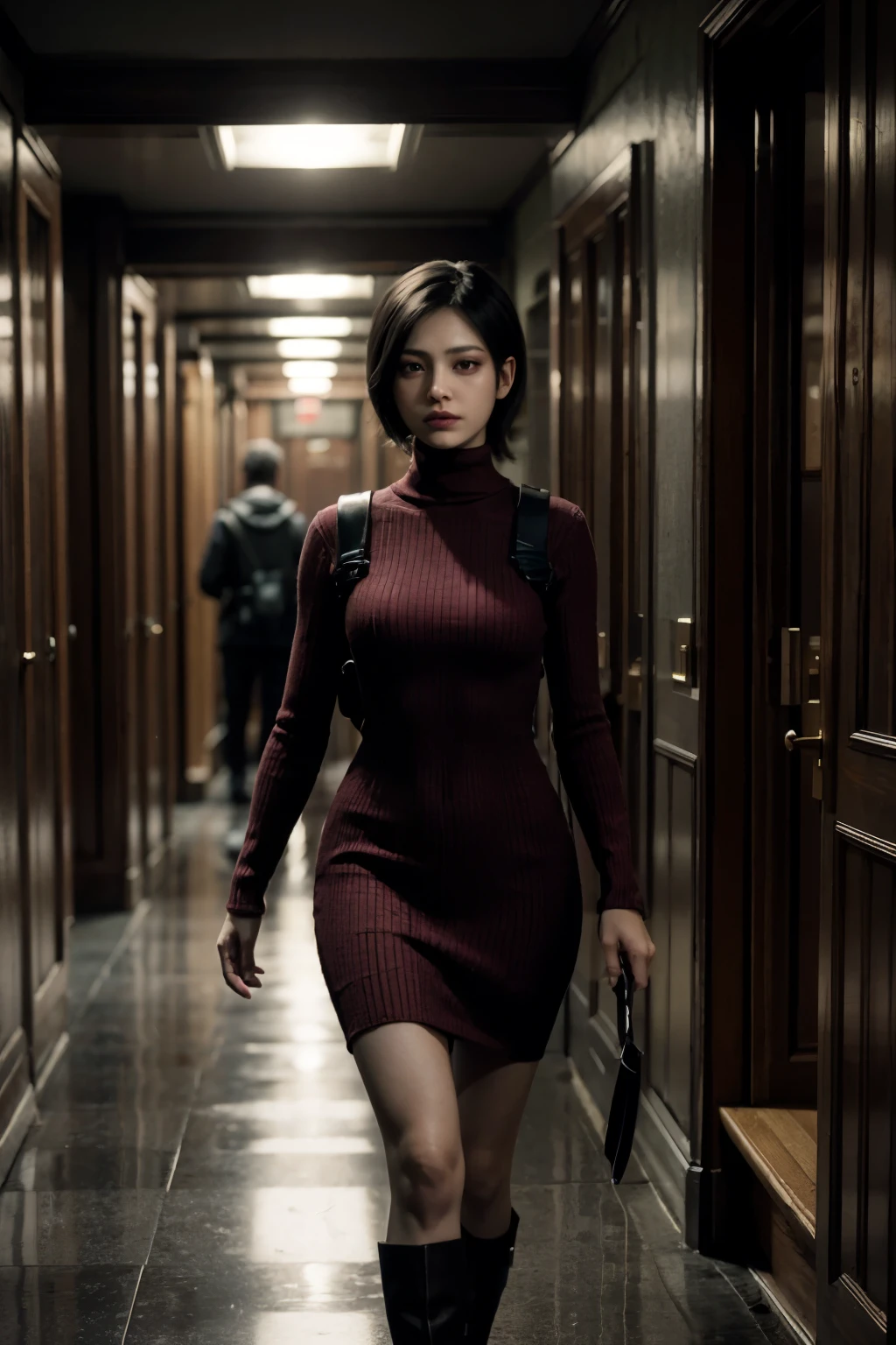 RE4Ada, short black hair, brown eyes, red turtleneck dress, long sleeves, looking at viewer, serious, walking, inside a dark hallway, jail cell, dim lighting, high quality, masterpiece,  