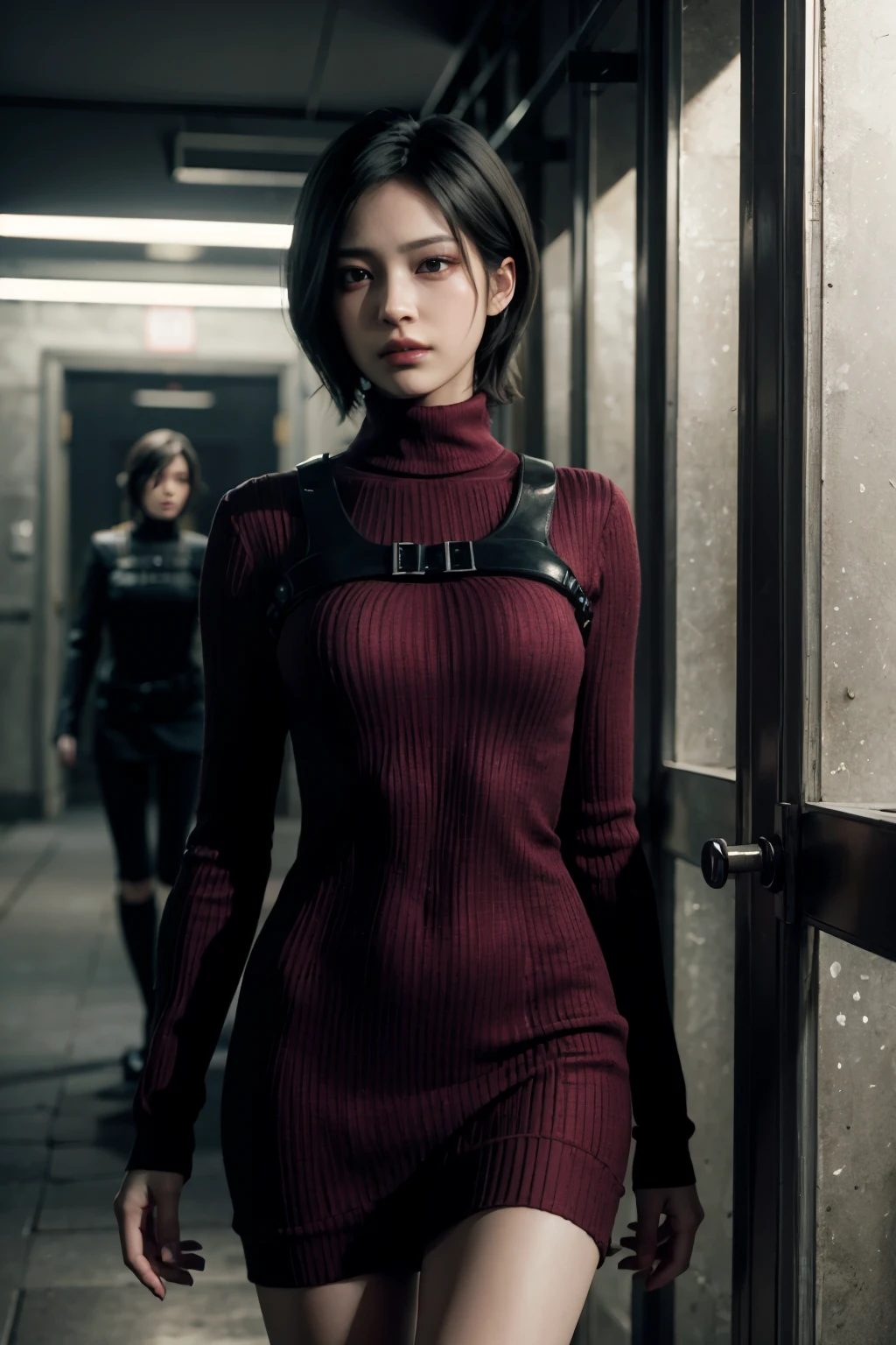 RE4Ada, short black hair, brown eyes, red turtleneck dress, long sleeves, looking at viewer, serious, walking, inside a dark hallway, jail cell, dim lighting, high quality, masterpiece,  