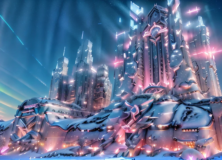 Masterpiece, 12k, uhd, photorealistic, a ultra beautiful suggestive landscape, with snow hills, snow land, futuristic metropolis in background, with skycrapers, night sky with stars, pink boreal aurora in the sky, light neon effects, cyberpunk dreaming atmosphere, (3D rendering buildings palaces, aggressive boor design), at night