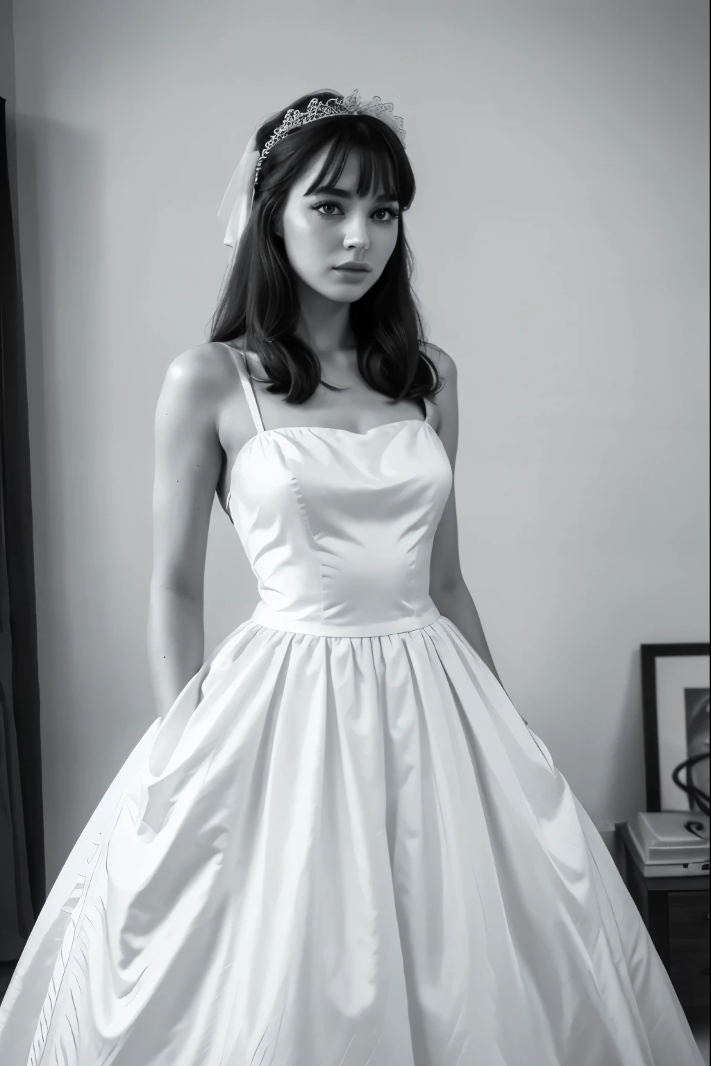 a woman in a 1960s style white wedding dress, black and white, beautiful detailed eyes, beautiful detailed lips, extremely detailed face, long eyelashes, elegant pose, dramatic lighting, film grain, cinematic, timeless, high quality, masterpiece, photorealistic