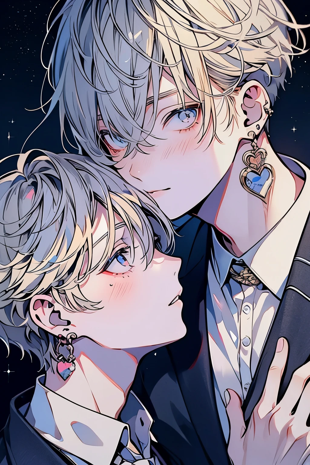 (masterpiece), (highest quality), Very detailed, Two Men, Perfect Face, Beautiful Face, Very detailed顔，Blond hair man，Grey-haired man，suit，shirt,Earrings,sexy,Starry Sky,shine