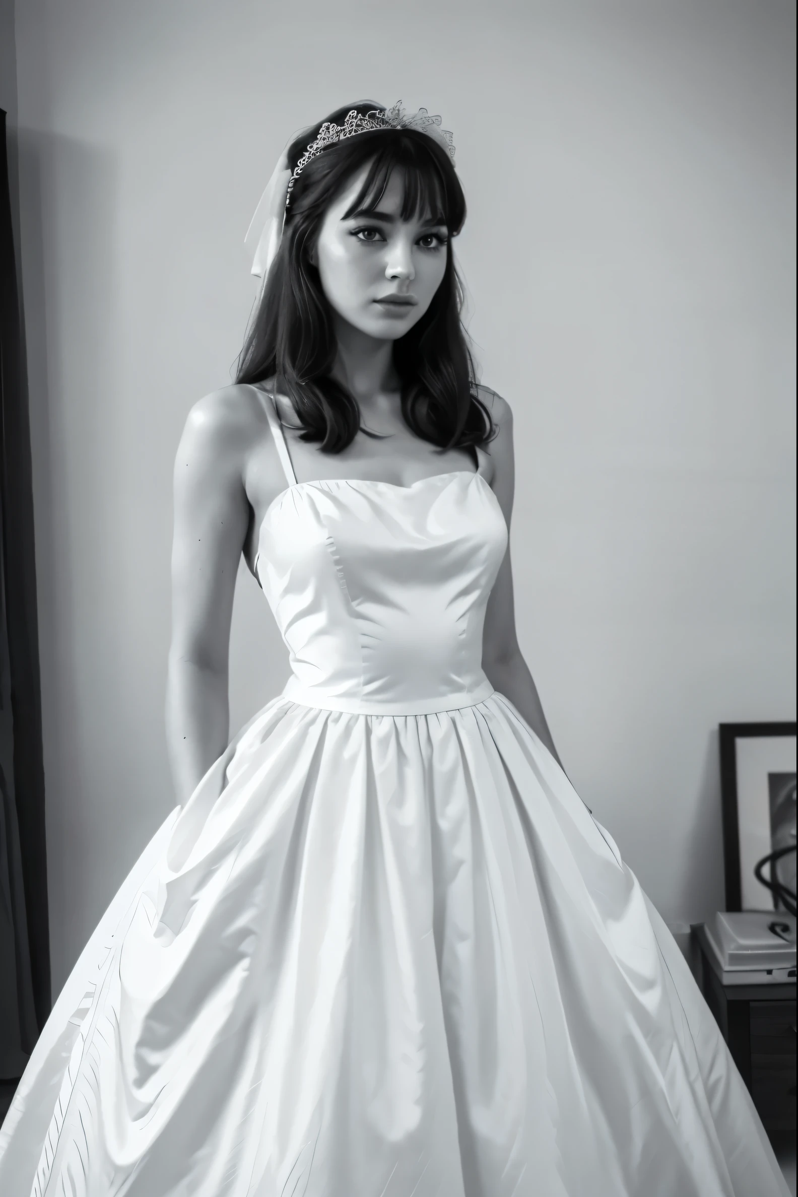 a woman in a 1960s style white wedding dress, black and white, beautiful detailed eyes, beautiful detailed lips, extremely detailed face, long eyelashes, elegant pose, dramatic lighting, film grain, cinematic, timeless, high quality, masterpiece, photorealistic