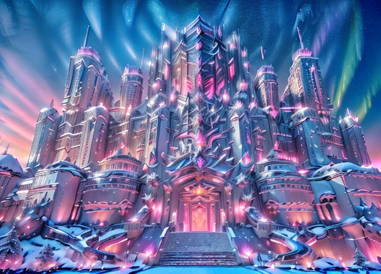 Masterpiece, 12k, uhd, photorealistic, a ultra beautiful suggestive landscape, with snow hills, snow land, futuristic metropolis in background, with skycrapers, night sky with stars, pink boreal aurora in the sky, light neon effects, cyberpunk dreaming atmosphere, (3D rendering buildings palaces, aggressive boor design), at night