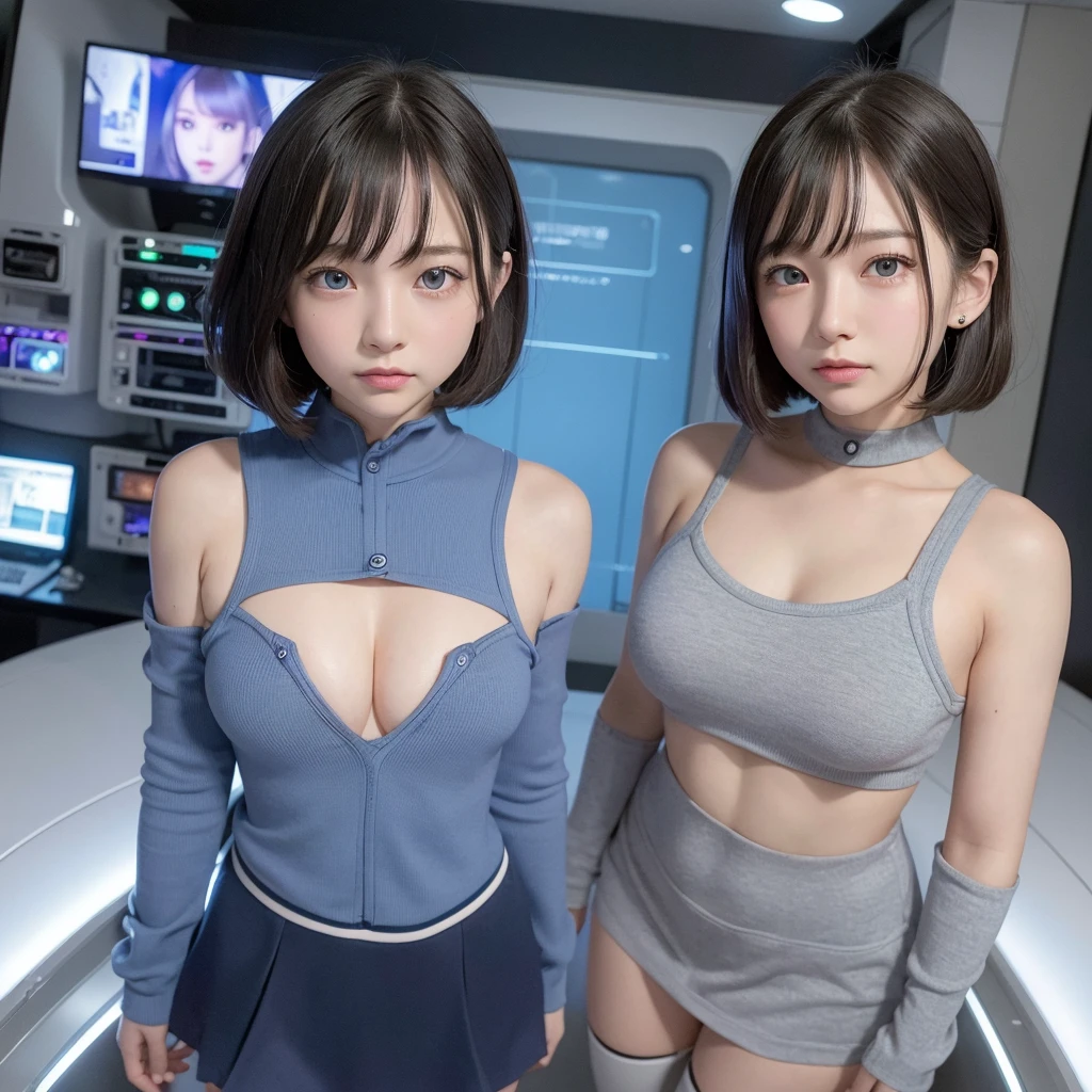 Very detailed、high resolution、8K、 Girl、18、round face、one person、Short Bob、D cup bust、hair ornaments、Symmetrical eyes、Blue Eyes、Smooth Skin、Future、Inside the spaceship、Control panel、Wall with monitors、illumination、Futureなドレス、Mini Dresini skirt、Wearing pantyhose、Short cut boots