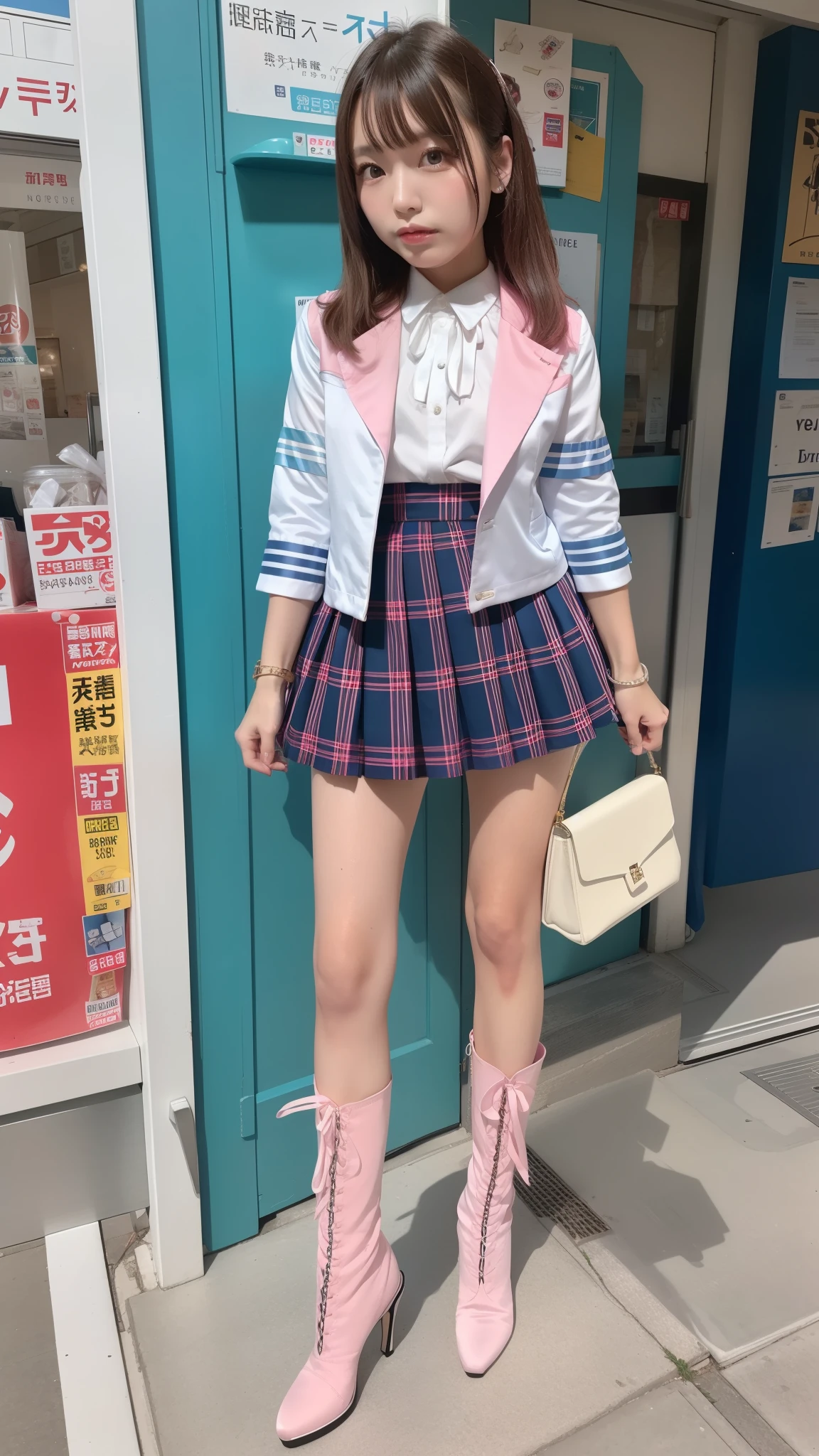 Costume like a idol, blue and white half sleeve Jacket, pink satin ruffled blouse, White and pink stripe pleated skirt, white lace up boots