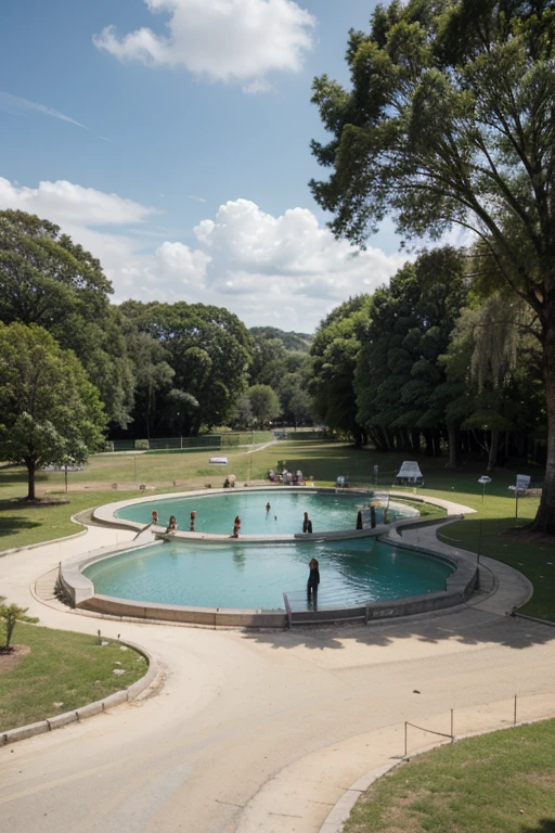 Create a park with these experiences Details and Specifications:
(IDEIAS) 
* Favo del 
* teia de aranha

* hexagon toy (trepa trepa) 
* road in form of pi equation
* lagoon in the shape of triangles as a shade
* trees with fractal shapes