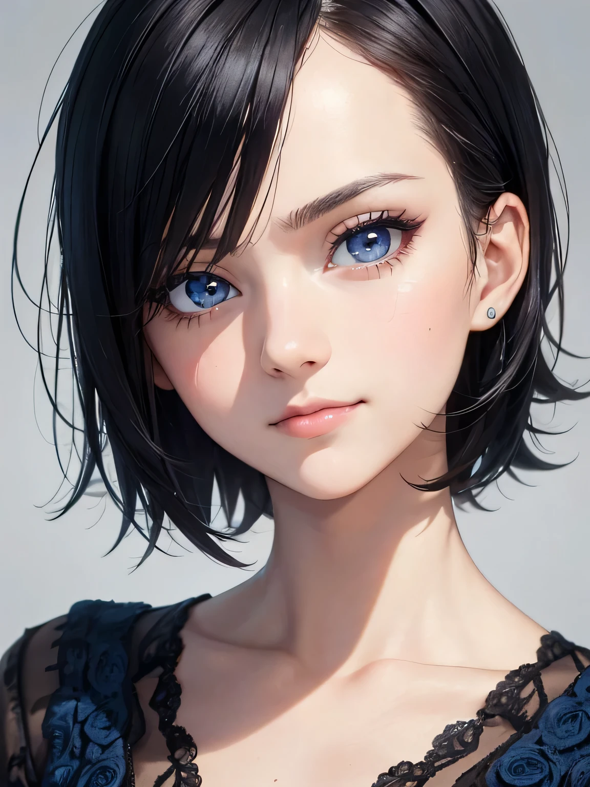 Masterpiece, best quality, high resolution, amazing details, 23 years old girl, short black hair, rounded dark blue eyes, big eyes, portrait, close-up, looking infront, looking at the camera, fair skin, plain background, (forehead), smile, (shirt)