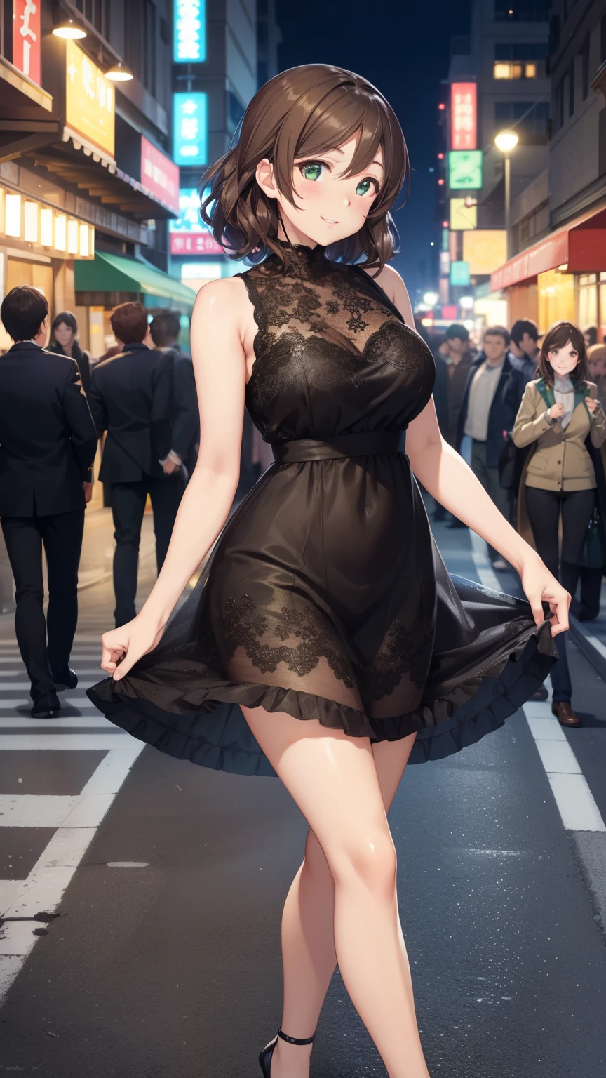 nozomitoujou, nozomi toujou, green eyes, brown hair, short curly hair, masterpiece, best quality, high resolution, beautiful detailed eyes, extremely detailed face, good lighting, detailed CG, messy hair, glossy lips, city street, night, neon lights, crowd, light smile, dress, high heels, standing