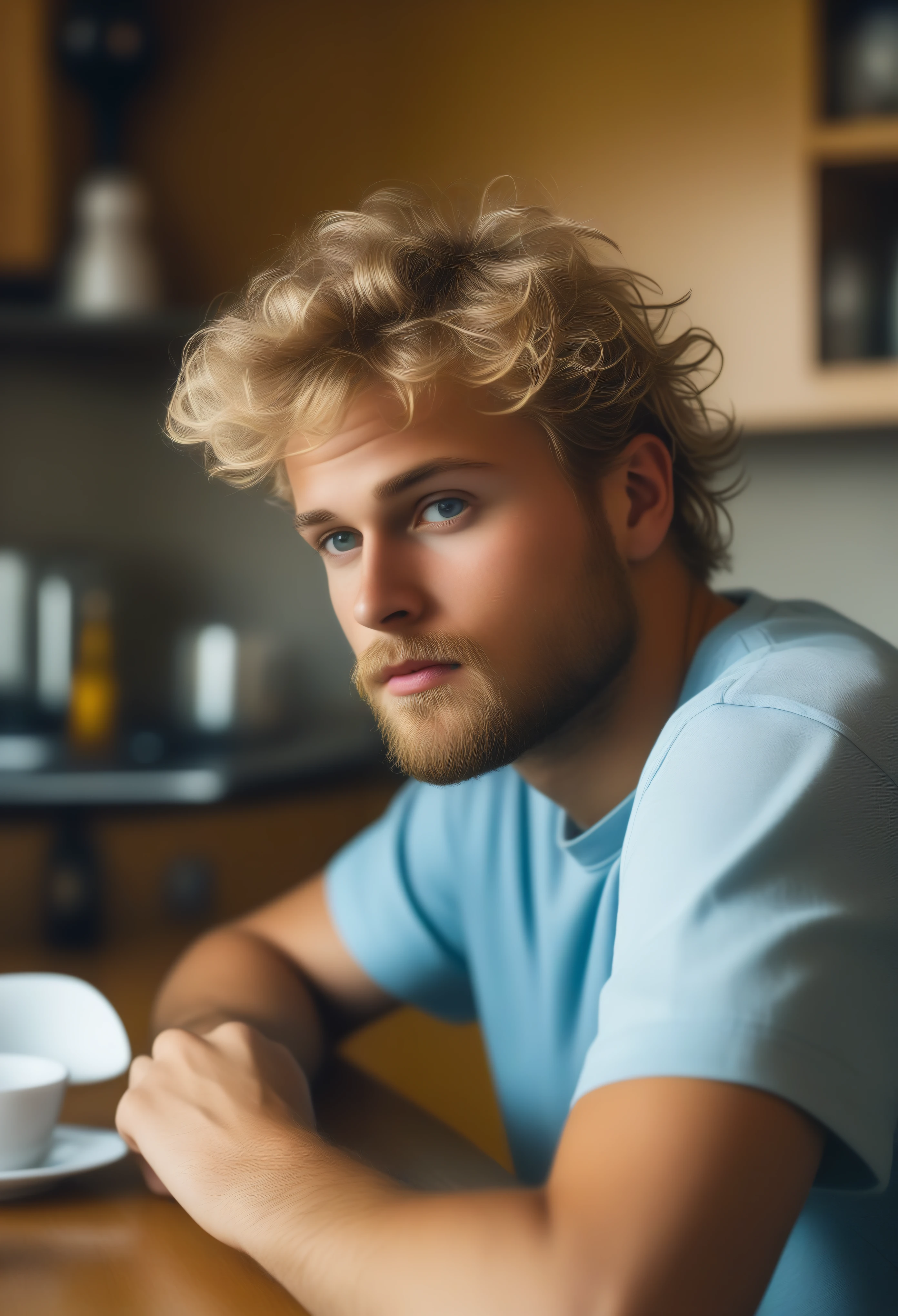 Masterpiece, photographic art, photorealistic, precise focus, brilliant details, man, striking face, blond wavy hair, short beard, european guy, rapper, writing his lyrics, kitchen, kitchen table, kitchen chair, beer glass, pad and pen,
