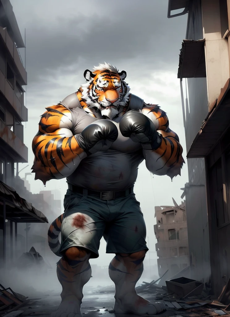 extremely detailed, detailed face, detailed eyes, detailed muscle, (view full body), ((1man)), (furry (tiger)), (object (big muscular old man man standing with face up looking sad expression behind the building)), the old man is soldier and wearing soldier uniform, old man (big muscular, big muscle, bodybuilder, facial hair, beaded, white beard, battel scar face, short hair, white hair, strong character, strong muscle), (background ((heavy rain, fog, overcast sky, gray clouds, waster land, post-apocalypse, ruined city))), (photography (50mm lens, cinematic, cinematic color)), by Pixelsketcher, by Bayard Wu, by Thomas Benjamin Kennington , by Einshelm, by Chunie,, (lin hu:1.1), (exhausted, sweat, bruised:1.4), in the boxing ring, boxing gloves, (beaten down, swollen cheek:1.4)