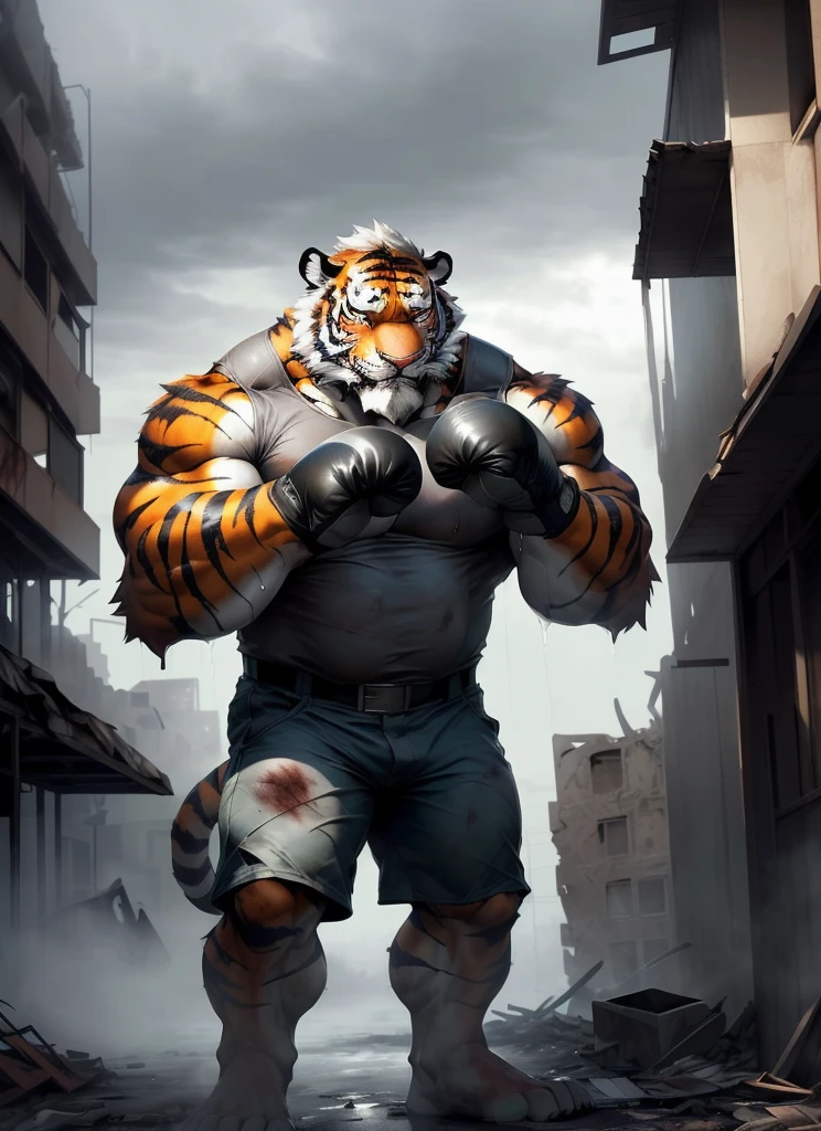extremely detailed, detailed face, detailed eyes, detailed muscle, (view full body), ((1man)), (furry (tiger)), (object (big muscular old man man standing with face up looking sad expression behind the building)), the old man is soldier and wearing soldier uniform, old man (big muscular, big muscle, bodybuilder, facial hair, beaded, white beard, battel scar face, short hair, white hair, strong character, strong muscle), (background ((heavy rain, fog, overcast sky, gray clouds, waster land, post-apocalypse, ruined city))), (photography (50mm lens, cinematic, cinematic color)), by Pixelsketcher, by Bayard Wu, by Thomas Benjamin Kennington , by Einshelm, by Chunie,, (lin hu:1.1), (exhausted, sweat, bruised:1.4), in the boxing ring, boxing gloves, (beaten down, swollen cheek:1.4)