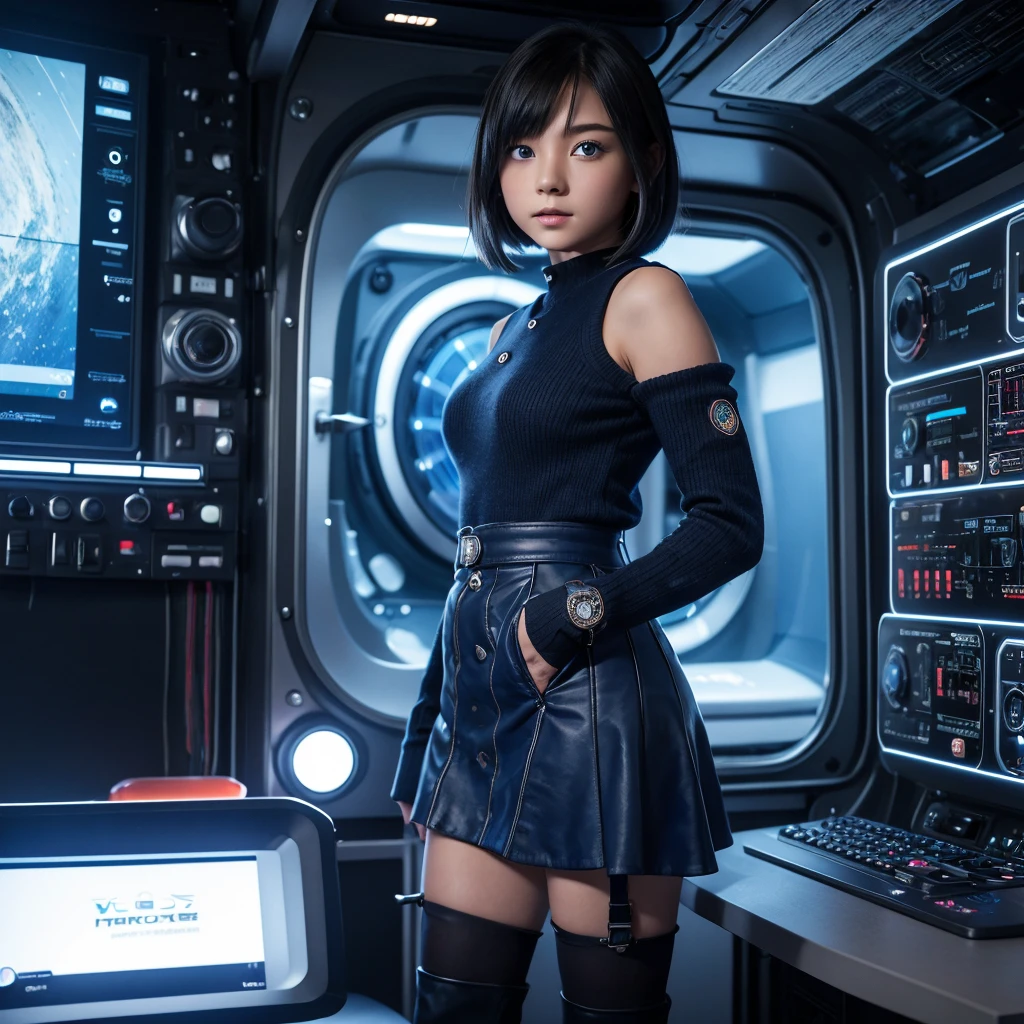 Very detailed、high resolution、8K、 Girl、18、round face、one person、Short Bob、D cup bust、hair ornaments、Symmetrical eyes、Blue Eyes、Smooth Skin、Future、Inside the spaceship、Control panel、Wall with monitors、illumination、Futureなドレス、Mini Dresini skirt、Wearing pantyhose、Short cut boots