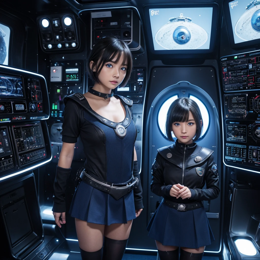 Very detailed、high resolution、8K、 Girl、18、round face、one person、Short Bob、D cup bust、hair ornaments、Symmetrical eyes、Blue Eyes、Smooth Skin、Future、Inside the spaceship、Control panel、Wall with monitors、illumination、Futureなドレス、Mini Dresini skirt、Wearing pantyhose、Short cut boots