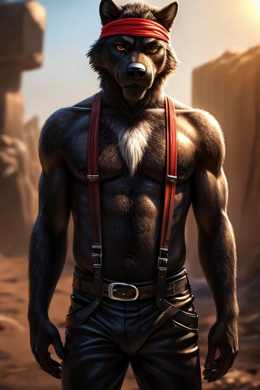 Masterpieces, furry, male, kinky, Anthropomorphic, full body, old age, rugged, twink, black wolf, feminine body type, Delicate eyes, white goatee, grizzled fur, white chest hair, glistening body, biker, ebony skin, depth of field, warm lighting, bright lighting, (best quality),(masterpiece),(ultra detailed), sharp focus, wasteland background, very large and succulent black nipples (must include nipples), fierce look, evil grins, scars, glossy, oiled up skin, black trousers, shirtless, suspenders, red headband