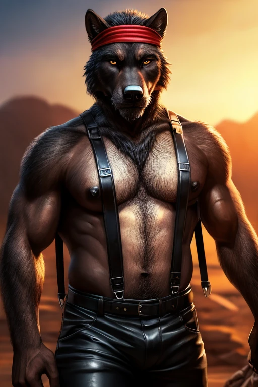 Masterpieces, furry, male, kinky, Anthropomorphic, full body, old age, rugged, twink, black wolf, feminine body type, Delicate eyes, white goatee, grizzled fur, white chest hair, glistening body, biker, ebony skin, depth of field, warm lighting, bright lighting, (best quality),(masterpiece),(ultra detailed), sharp focus, wasteland background, very large and succulent black nipples (must include nipples), fierce look, evil grins, scars, glossy, oiled up skin, black trousers, shirtless, suspenders, red headband