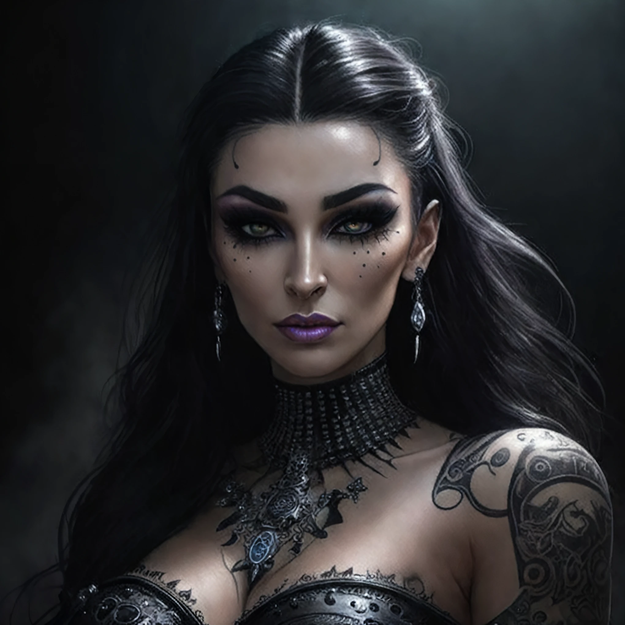 a close up of a woman with a very large breast and tattoos, dark fantasy mixed with realism, dark fantasy portrait, seductive cyberpunk dark fantasy, dark fantasy style art, in style of dark fantasy art, detailed matte fantasy portrait, gothic fantasy art, portrait of a dark witch, dark fantasy art, dark fantasy character design, dark but detailed digital art