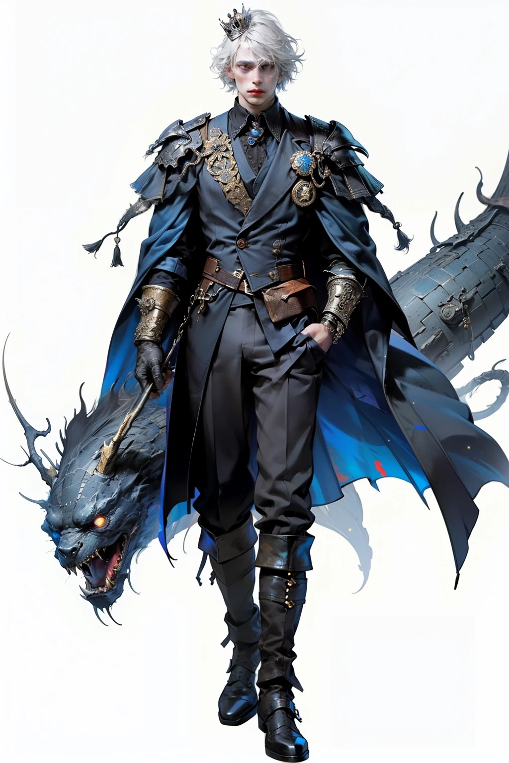 ((best quality)), ((masterpiece)), (detailed), perfect face, a young man wearing a large glorious crown with a huge ethereal cosmic crown looming above him, a knight, white background, plain background, Bloodborne inspired, Bloodborne attire, occult aesthetic, occult, red and white clothing detailed and intricate steampunk and detailed gothic, diadems, long coat, Complex laced boots, Silver hair swaying in the wind, white background, Very dramatic and cinematic lighting, full body, whole body, body, cosmic horror, grim dark, crown mandala