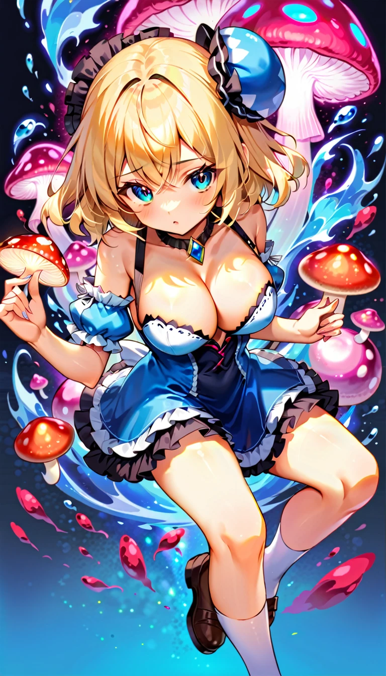 a beautiful 20 year old blonde woman with big messy hair in a blue dress, white stockings, black headband, cleavage, holding a glowing mushroom, fantasy art style, rossdraws cartoon vibrant, alice in wonderland cyberpunk, cute detailed digital art, colorfull digital fantasy art, digital fantasy art ), glossy digital painting, rossdraws pastel vibrant, rossdraws 2. 5, rossdraws 1. 0