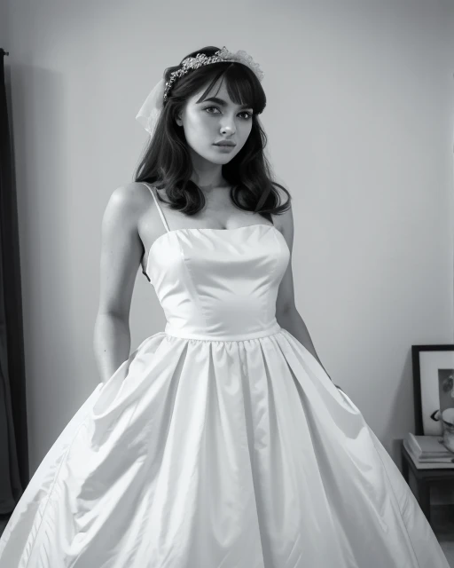 a woman in a 1960s style white wedding dress, black and white, beautiful detailed eyes, beautiful detailed lips, extremely detailed face, long eyelashes, elegant pose, dramatic lighting, film grain, cinematic, timeless, high quality, masterpiece, photorealistic