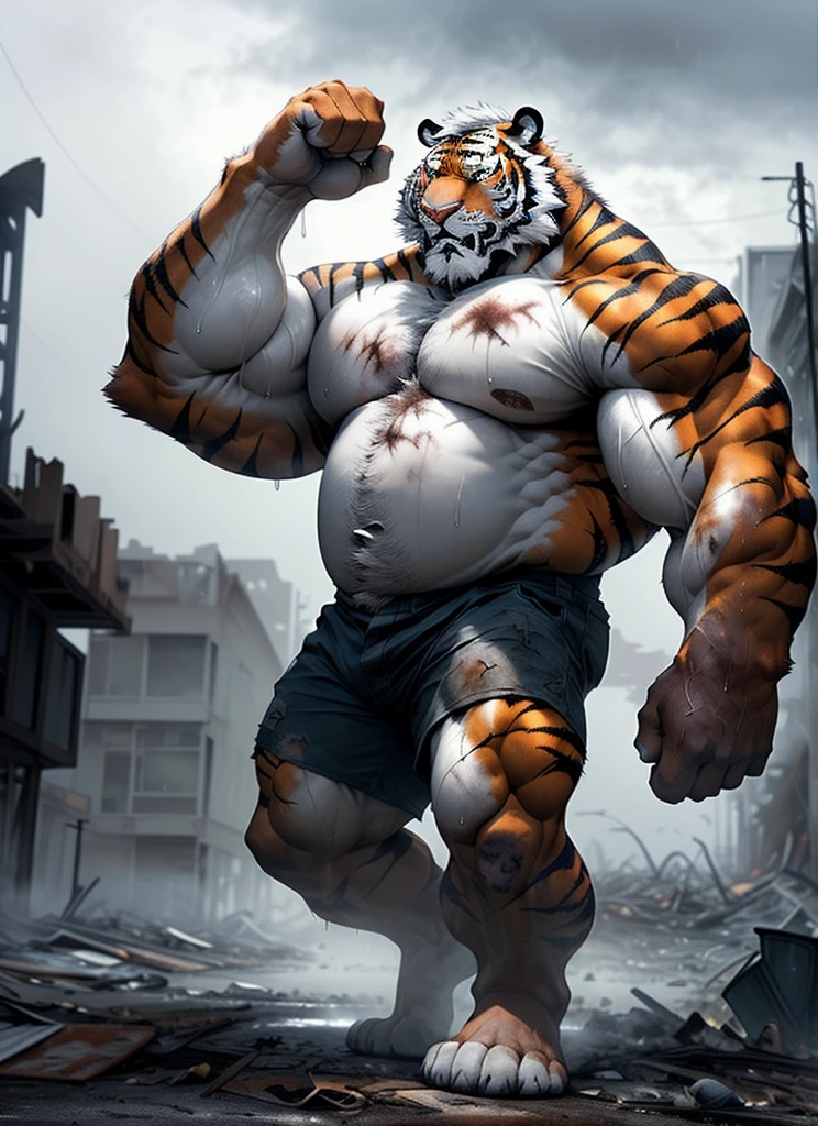 extremely detailed, detailed face, detailed eyes, detailed muscle, (view full body), ((1man)), (furry (tiger)), (object (big muscular old man man standing with face up looking sad expression behind the building)), old man (big muscular, big muscle, bodybuilder, facial hair, beaded, white beard, battel scar face, short hair, white hair, strong character, strong muscle), (background ((heavy rain, fog, overcast sky, gray clouds, waster land, post-apocalypse, ruined city))), (photography (50mm lens, cinematic, cinematic color)), by Pixelsketcher, by Bayard Wu, by Thomas Benjamin Kennington , by Einshelm, by Chunie,, (lin hu:1.1), (exhausted, sweat, bruised:1.4), in the boxing ring, (beaten down, swollen cheek:1.4), erect cock, erect penis