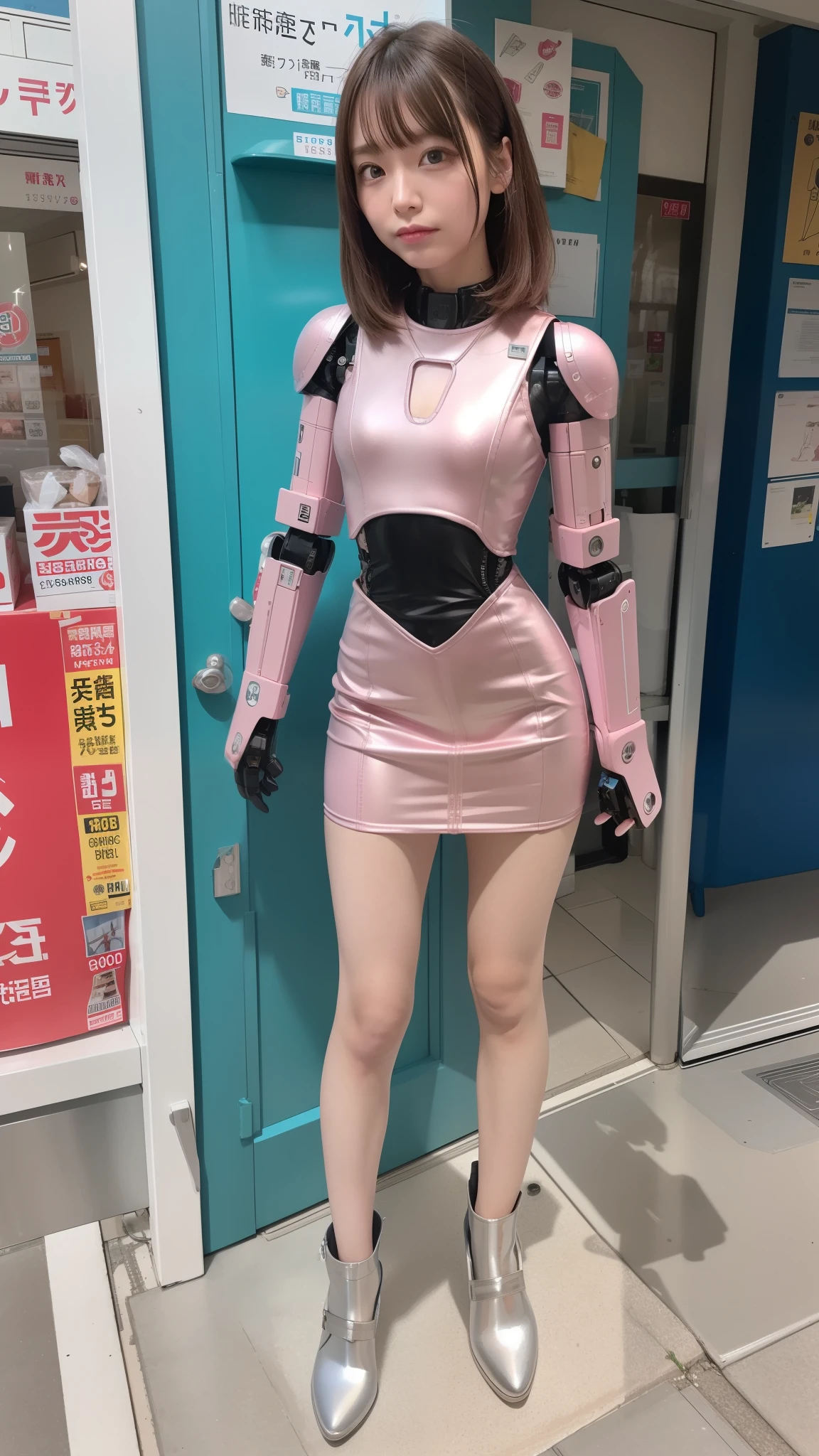 Robot Girl, pink there, Silver, Metallic body, Robot Parts, Metal Parts, Super Detailed Face, Super well-formed face, of the highest quality, a small face, a small head, Brown hair, Slender body, Camera gaze, Internal Mechanical Exposure, Idol, front facing, Well-proportioned body, sale, Exhibited, Event Hall, Moe Pose, pink metallic ta dress machine armor, Standing with legs open, Model body type, sad, Embarrassing,(Perfect Robot Girl),(Perfect machine body)