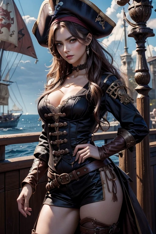 Female Pirate、Beautiful woman in a pirate costume、1 girl、((Delicate face、Detailed eyes and face、double eyelid))、Glossy lips、Dark brown updo、(Pirate Cosplay)、hat、boots、Highly detailed costume、Mature sexy adult woman、Slim Waist、Sharp long legs、(8K,highest quality, masterpiece、Ultra-high resolution)、Full body portrait, High-definition skin texture、On board a pirate ship、Realistic、Official Art