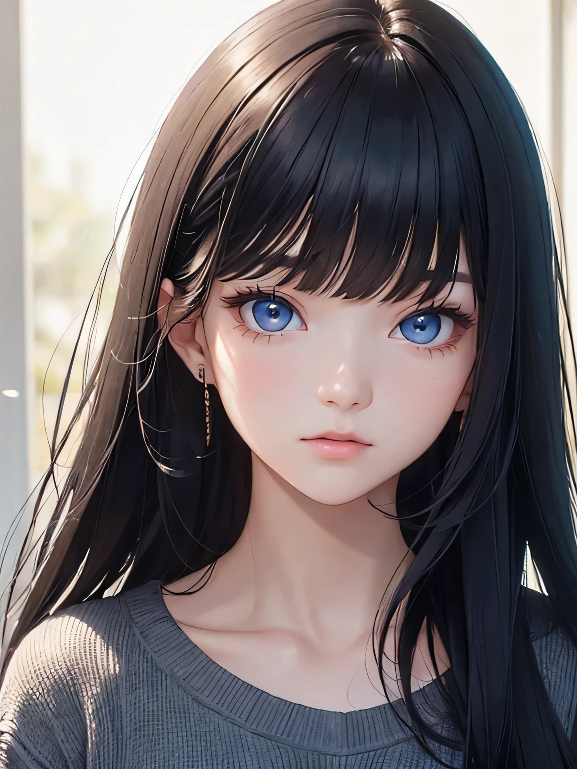 Masterpiece, best quality, high resolution, amazing details, 18 years old girl, long black hair, bangs, (downturned dark blue eyes), small eyes, portrait, close-up, looking infront, looking at the camera, fair skin, (plain background), shirt, jumper