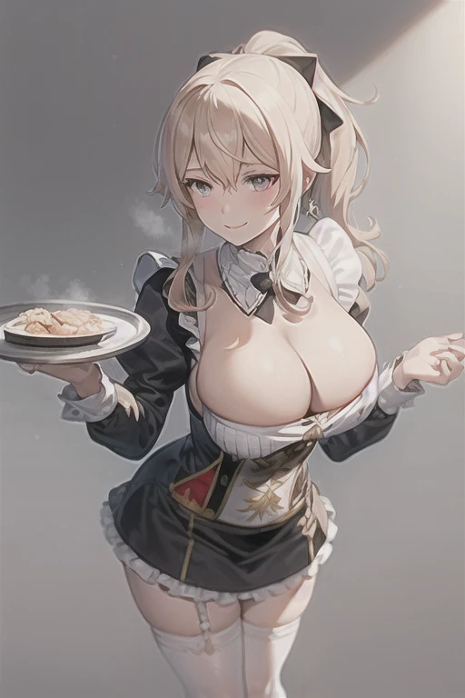 masterpiece, best quality, 1 Girl, Solitary, High Leg Raise, (((Large Breasts、Breast sagging、Low-cut,Cleavage,Wide hips,)))((Long legs)),Hourglass figure))Short skirt,pleat group,mini skirt, maid, maid headskirt, apron, Blonde Hair, white High Leg Raise, skirt, Ponytail, long hair, blush, Alternative clothing, enmaided, Ruffles, black skirt, looking at the audience, Long sleeve, Puff sleeves, Simple background, Bangs, Keep, bow, cleveage, white apron, maid apron, Put your hands behind your back, Juliet Sleeves, Absolutely great opportunity, permanent, Shut up, medium breast, Hair between the eyes, frilled skirt, Side lock, tray, Jewelry, frilled apron, Gray background, Keep tray, blue eyes, black bow, bowtie, Smile, earrings, Feet out of frame, Gray eyes, Garment cutting, cleveage cutout, waist apron, black bowtie, high Ponytail, Corset, White background, cross