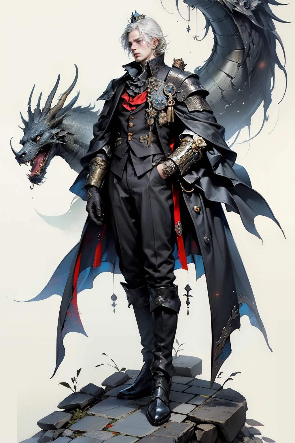 ((best quality)), ((masterpiece)), (detailed), perfect face, a young man wearing a large glorious crown with a huge ethereal cosmic crown looming above him, a knight, white background, plain background, Bloodborne inspired, Bloodborne attire, occult aesthetic, occult, red and white clothing detailed and intricate steampunk and detailed gothic, diadems, long coat, Complex laced boots, Silver hair swaying in the wind, white background, Very dramatic and cinematic lighting, full body, whole body, body, cosmic horror, grim dark, crown mandala