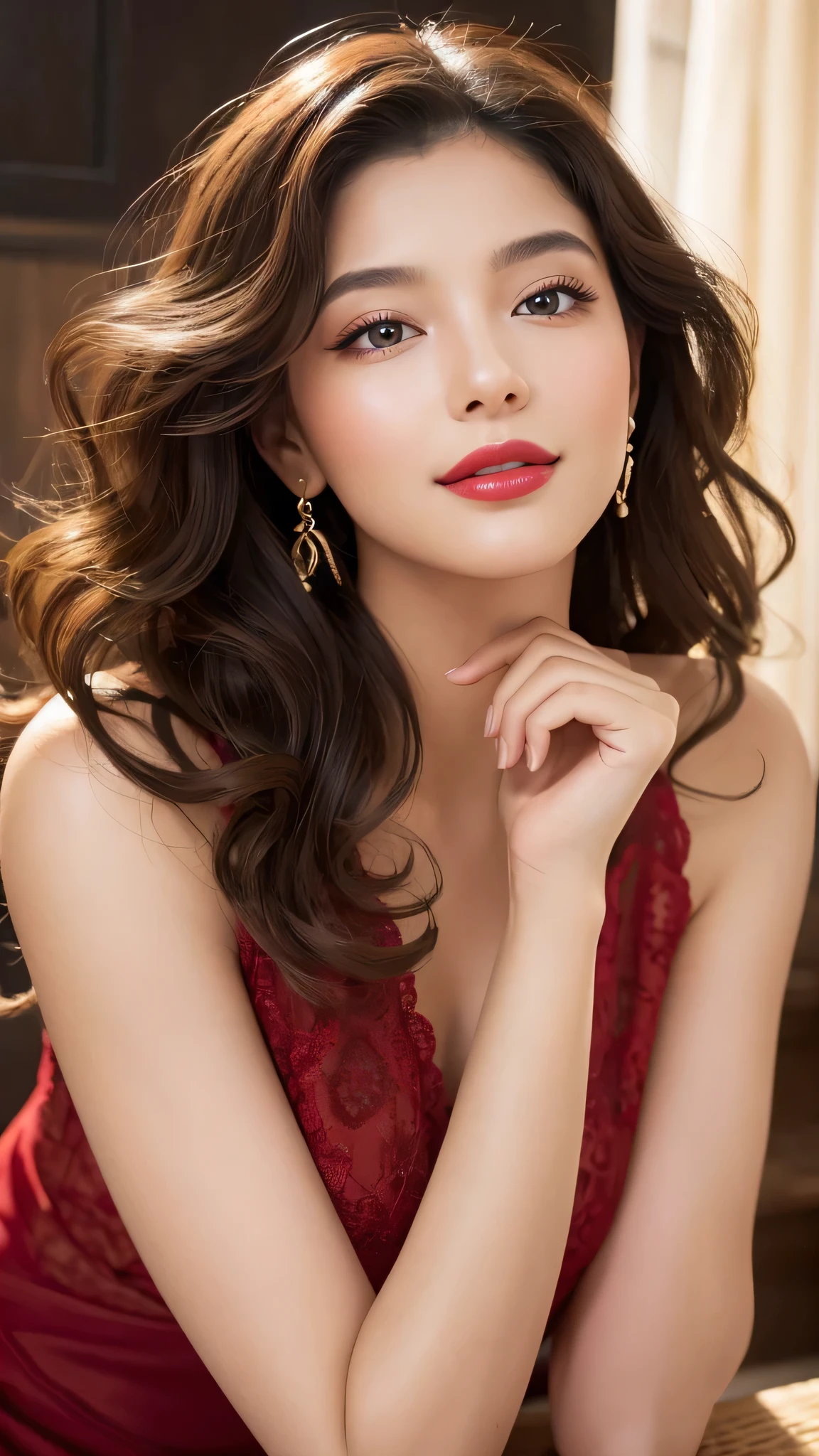 Radiant portrait of a beautiful 20-year-old woman, captivating eyes, voluminous curly hair, striking features, elegant posture, vibrant red lipstick, flawless complexion, natural makeup, stylish attire, confident expression, subtle smile, soft shadows, warm and inviting lighting, high-resolution digital painting, realistic style with a touch of glamour, by renowned artist on Behance, rich color palette of deep reds, soft pinks, and warm neutrals.