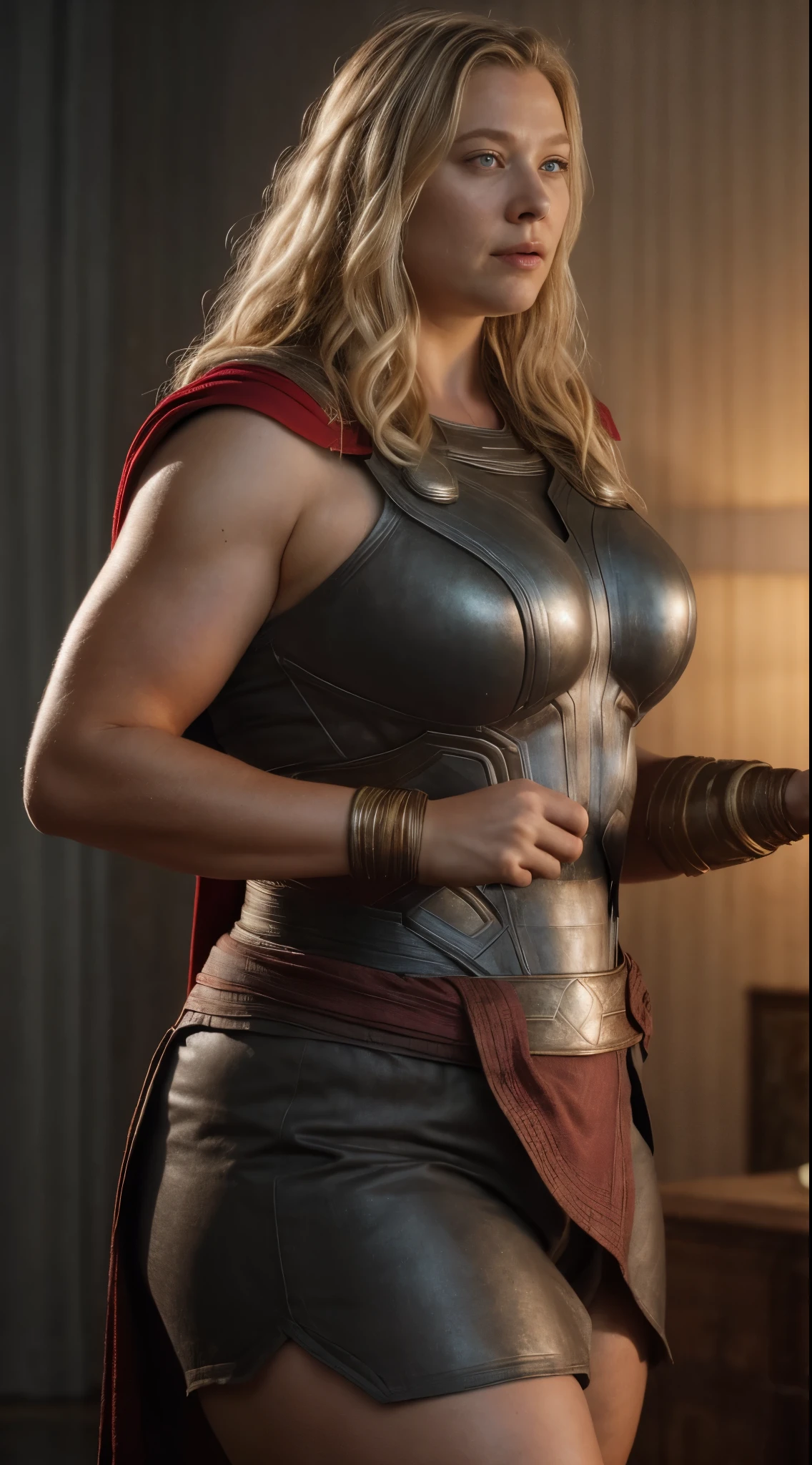 BOMBSHELL VALKYRIE, MATURE WOMAN, 30 YEARS OLD, ATHLETIC BODY, MUSCLES, BLONDE HAIR, GRAY EYES, ROSY CHEEKS, ANGRY FACE EXPRESSION, BLACK PANTIES UNDER ARMOUR, FULL BODY SILVER ARMOUR, SHINING ARMOUR, MITHOLOGY, random hair, looking at camera, gigantic breasts, cleavage, (high detailed skin:1.2), 8k uhd, dslr, super lighting, high quality, film grain, high res, highly detailed, hyper realistic, beautiful face, beautiful body, beautiful eyes nose lips, alluring expression, very bold, upper  visible, full body photo, standing legs apart, pale translucent glowing skin, most beautiful face, cute, (well defined pubic hair:1.2)), (dark plain black background:1.4))