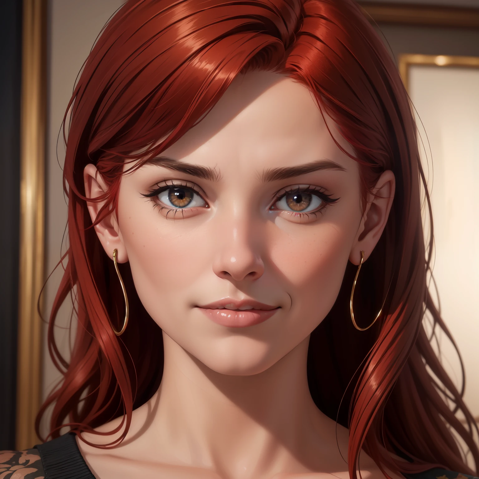 Hyperrealistic art portrait, pretty woman, red hair, perfect face, Extremely high-resolution details, photographic, realism pushed to extreme, fine texture, incredibly lifelike, sharp, extreme detailed, HD, HDR, masterpiece, 8k, fine art, oil painting, best quality, best resolution, vivid colors, detailed, sharp, HD, HDR, best quality, best resolution