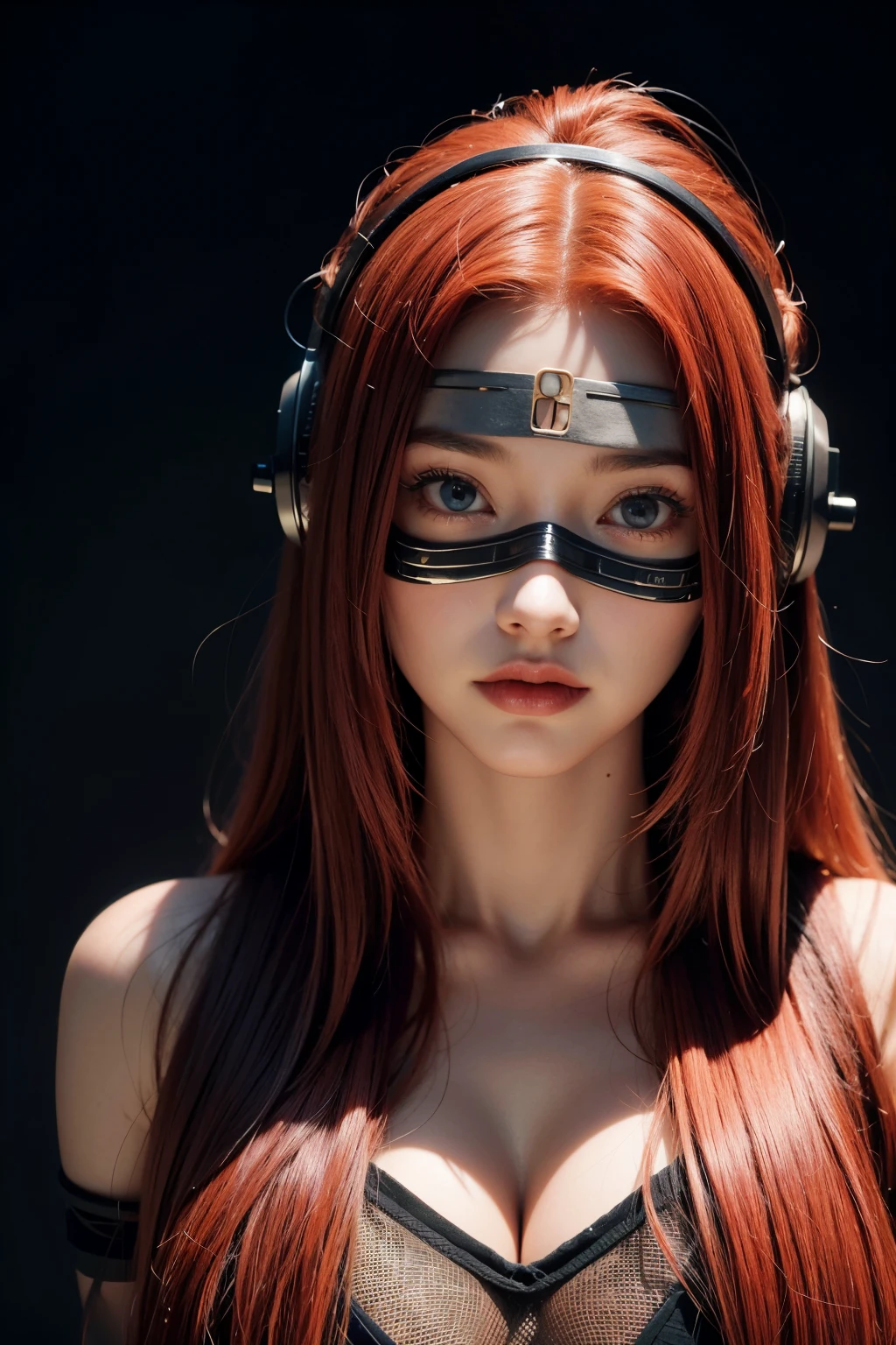 girl with long red hair, red eyes, futuristic vibes, mask on mouth, headphones, 8k, high quality, simple background, glowing eyes, nice pose