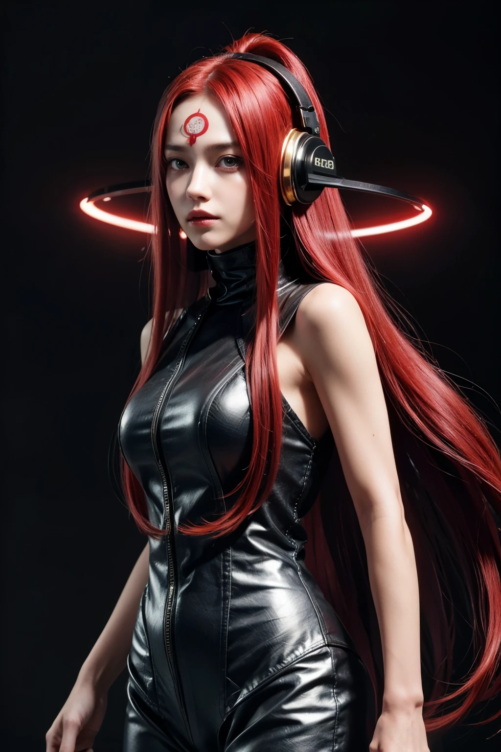 girl with long red hair, red eyes, futuristic vibes, mask on mouth, headphones, 8k, high quality, simple background, glowing eyes, nice pose
