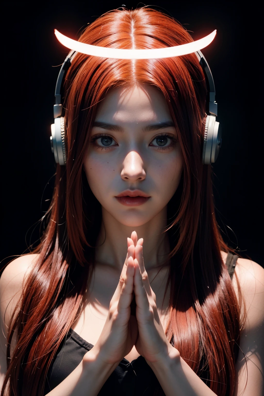 girl with long red hair, red eyes, futuristic vibes, mask on mouth, headphones, 8k, high quality, simple background, glowing eyes, nice pose
