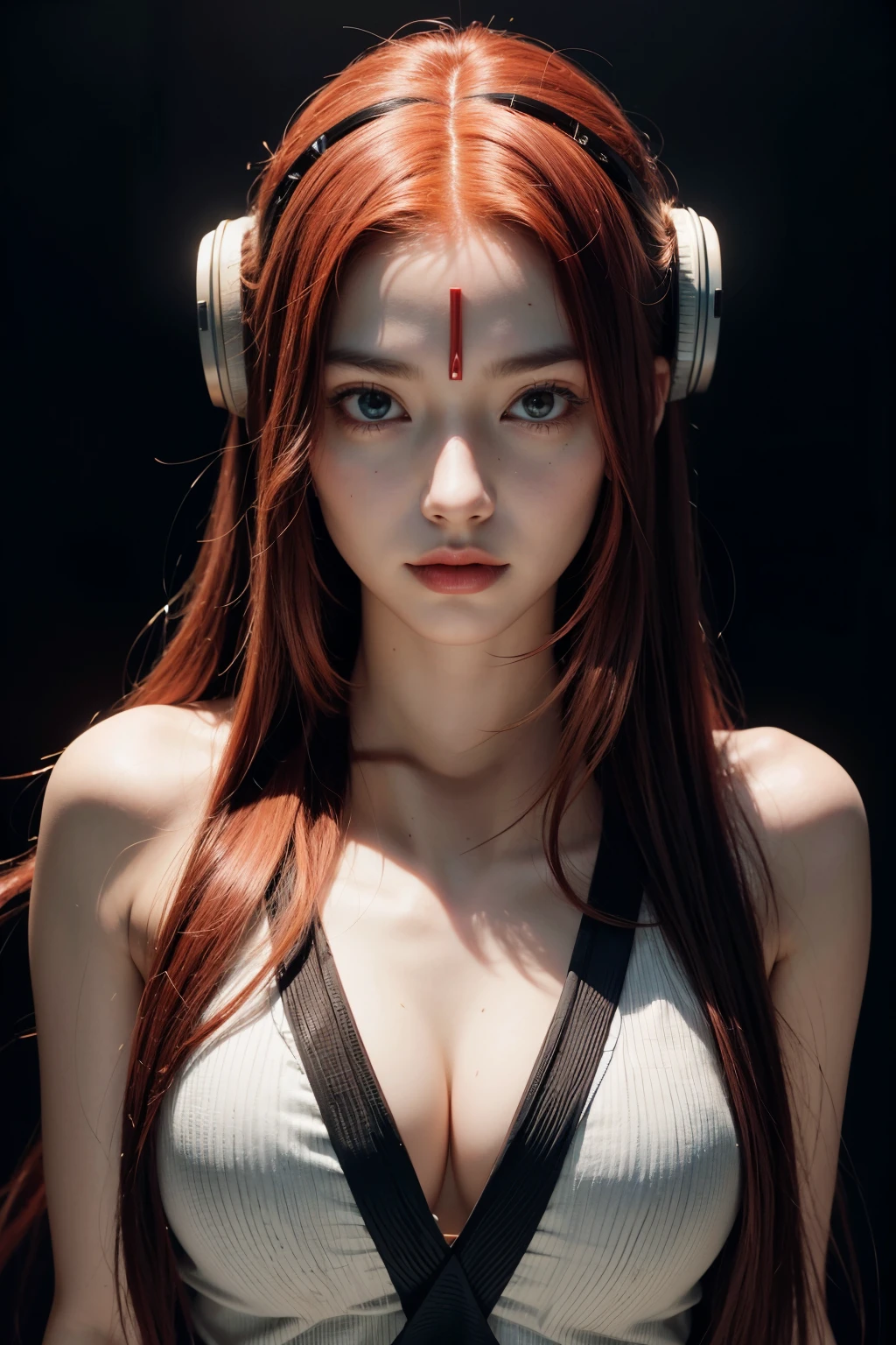 girl with long red hair, red eyes, futuristic vibes, mask on mouth, headphones, 8k, high quality, simple background, glowing eyes, nice pose