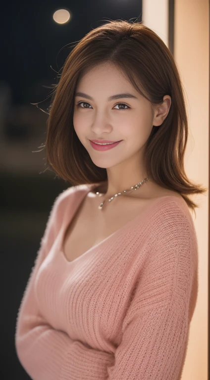 ((Night, Realistic Light, Best Quality, 8K, Masterpiece: 1.3)), 1girl, Slim Beauty: 1.4, Abs: 1.1, (Brown hair, Medium breasts: 1.3), Long pink sweater: 1.1, Bathroom, Super fine face, Delicate eyes, Double eyelids, smile, necklace