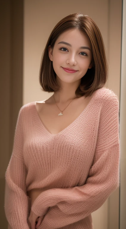 ((Night, Realistic Light, Best Quality, 8K, Masterpiece: 1.3)), 1girl, Slim Beauty: 1.4, Abs: 1.1, (Brown hair, Medium breasts: 1.3), Long pink sweater: 1.1, Bathroom, Super fine face, Delicate eyes, Double eyelids, smile, necklace
