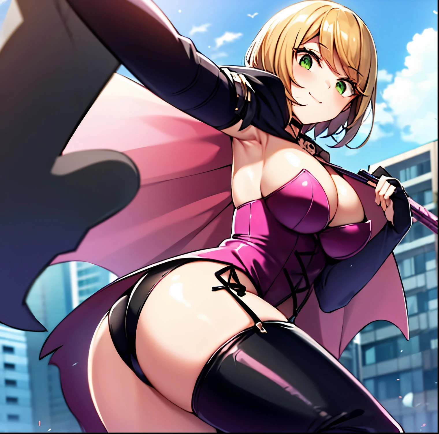 1 girl, alone, desumi magahara, short hair, blonde hair, green eyes, black gloves, pink outfit with black details, cleavage, large breasts, medium waist, wide hips, medium thighs, round butt, cape, boned decorations, up to the elbow gloves, thigh high stockings, thigh high boots, black boots, black suspenders, choker with skull detail, pink leotard with black details, black cape, outdoors, cityscape, leaning, smile, alone, dutch angle, looking to the viewer, from behind, pov (from below), anatomy perfection, perfect hands, cowboy shot,