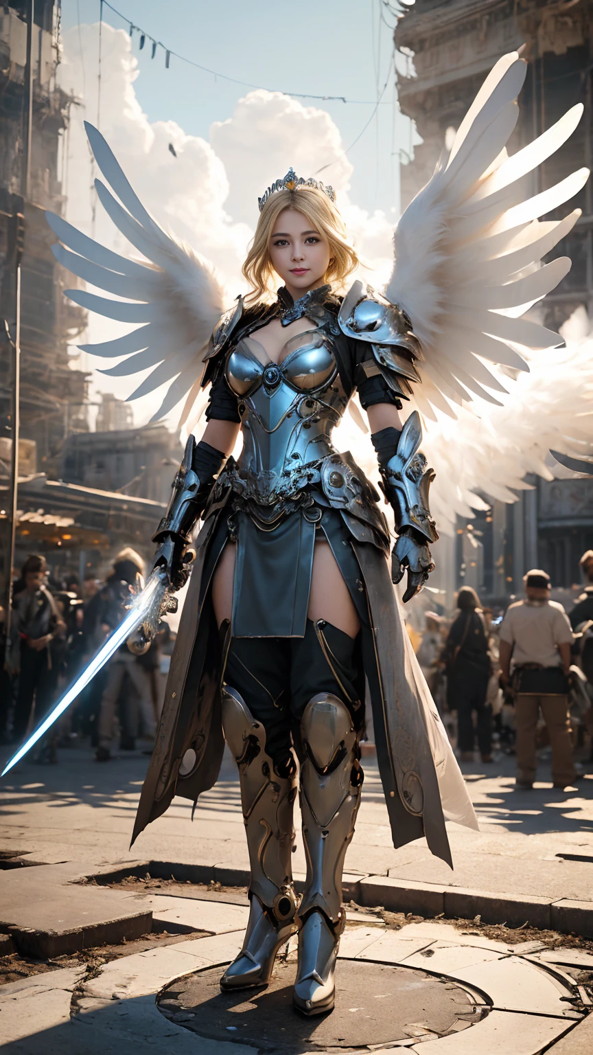 ((Full body photo, standing, feet on the floor)) (highest quality, masterpiece:1.4), (realism:1.2), (Realistic:1.2), (disorganized:1.2), (realistic:1.3), 1 girl,realistic skin,alone,( very big eyes,beautiful and detailed eyes, symmetrical eyes), mekangel, wing, alone, armor, mechanical wing, Supermodel posing dramatically , translucent, cinematic composition, 8K resolution ,(shine:1.2),many rings of light above,Sacred,broken city,cloud, ,kingdom,crown,Wind,lots of feathers,backlighting,intelligence,pieces of machinery,Artistic,Canon EOS 1DX Mark III camera,cocktail dress lactar art:1.1), drill hair,festival, Holding a great sword、Upper body、cleavage、blonde、smile