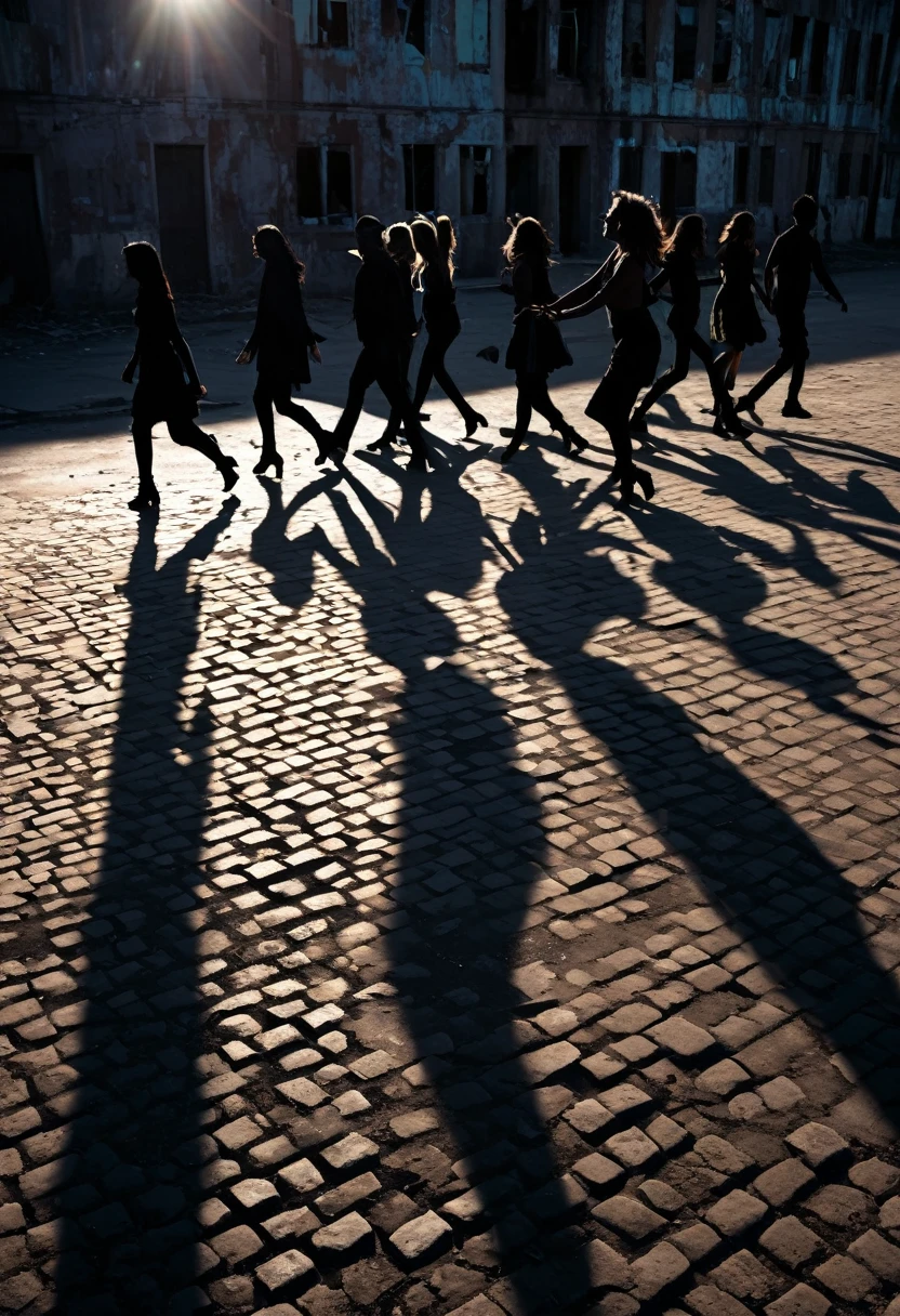 A a group of shadows dancing together no people in an abandoned city