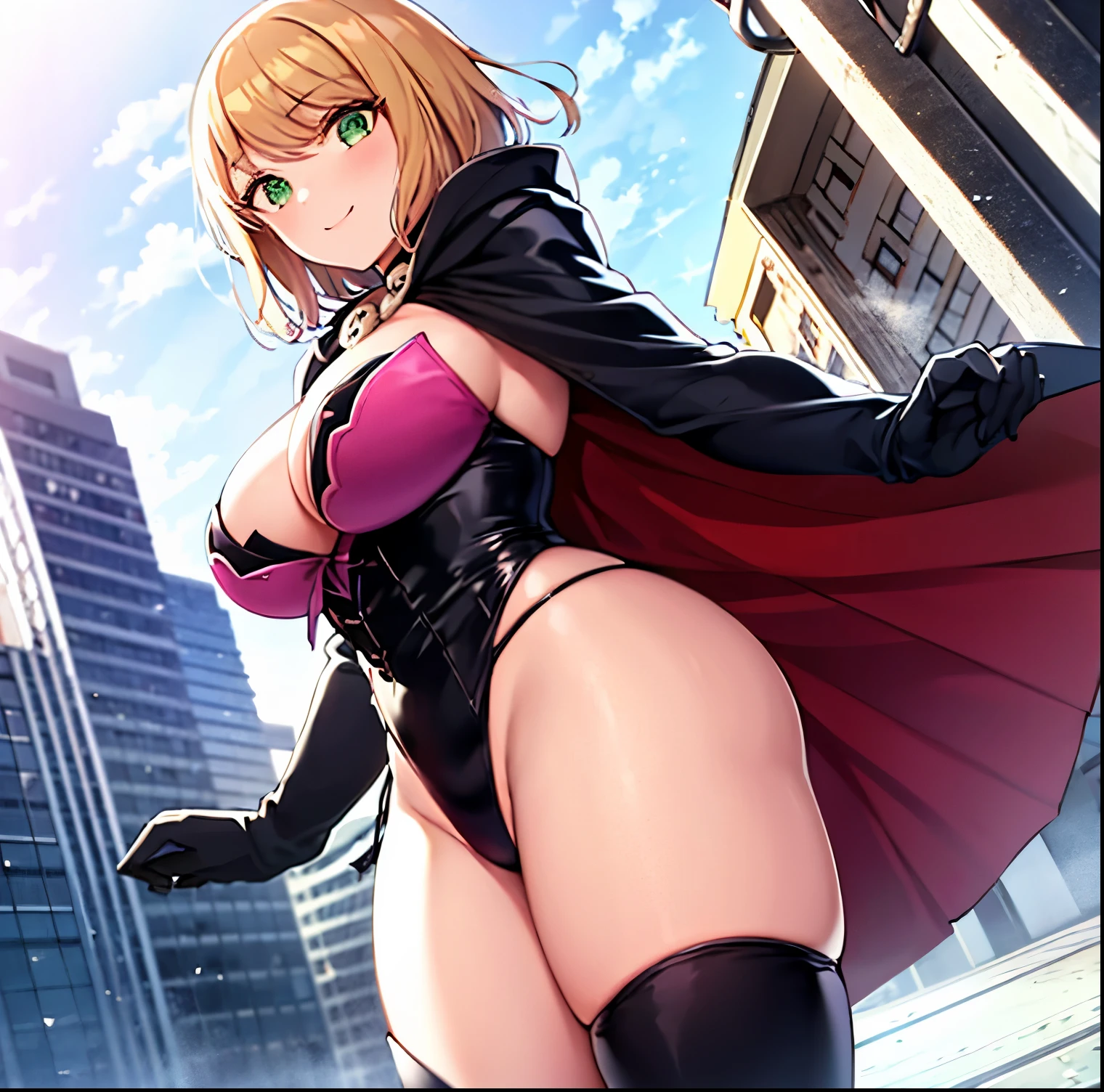 1 girl, alone, desumi magahara, short hair, blonde hair, green eyes, black gloves, pink outfit with black details, cleavage, large breasts, medium waist, wide hips, medium thighs, round butt, cape, boned decorations, up to the elbow gloves, thigh high stockings, thigh high boots, black boots, black suspenders, choker with skull detail, pink leotard with black details, black cape, outdoors, cityscape, leaning, smile, alone, dutch angle, looking to the viewer, from behind, pov (from below), antonia perfection, perfect hands, cowboy shot,