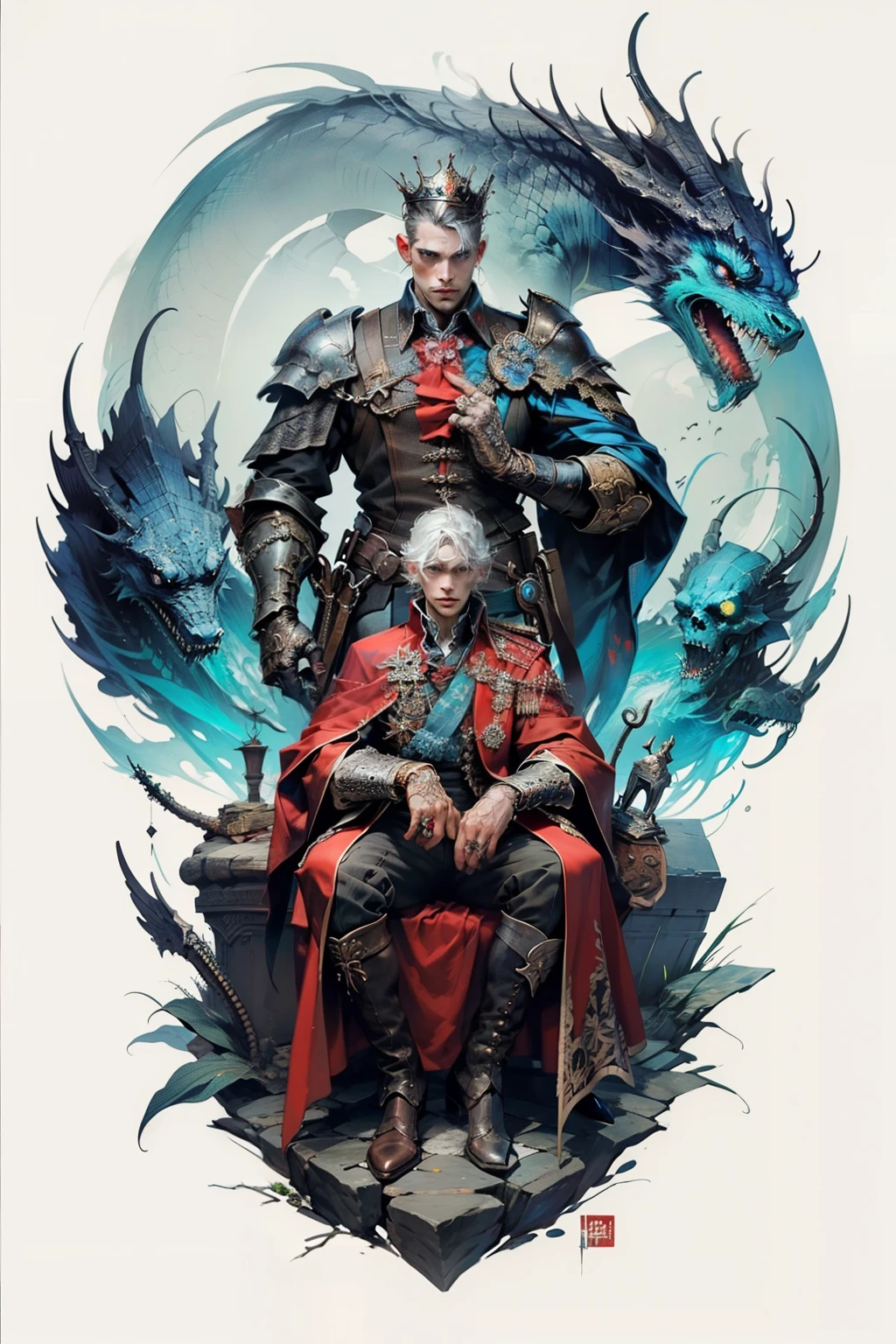 ((best quality)), ((masterpiece)), (detailed), perfect face, a young man wearing a large glorious crown with a huge ethereal cosmic crown looming above him, a knight, white background, plain background, Bloodborne inspired, Bloodborne attire, occult aesthetic, occult, red and white clothing detailed and intricate steampunk and detailed gothic, diadems, long coat, Complex laced boots, Silver hair swaying in the wind, white background, Very dramatic and cinematic lighting, full body, whole body, body, cosmic horror, grim dark, crown mandala