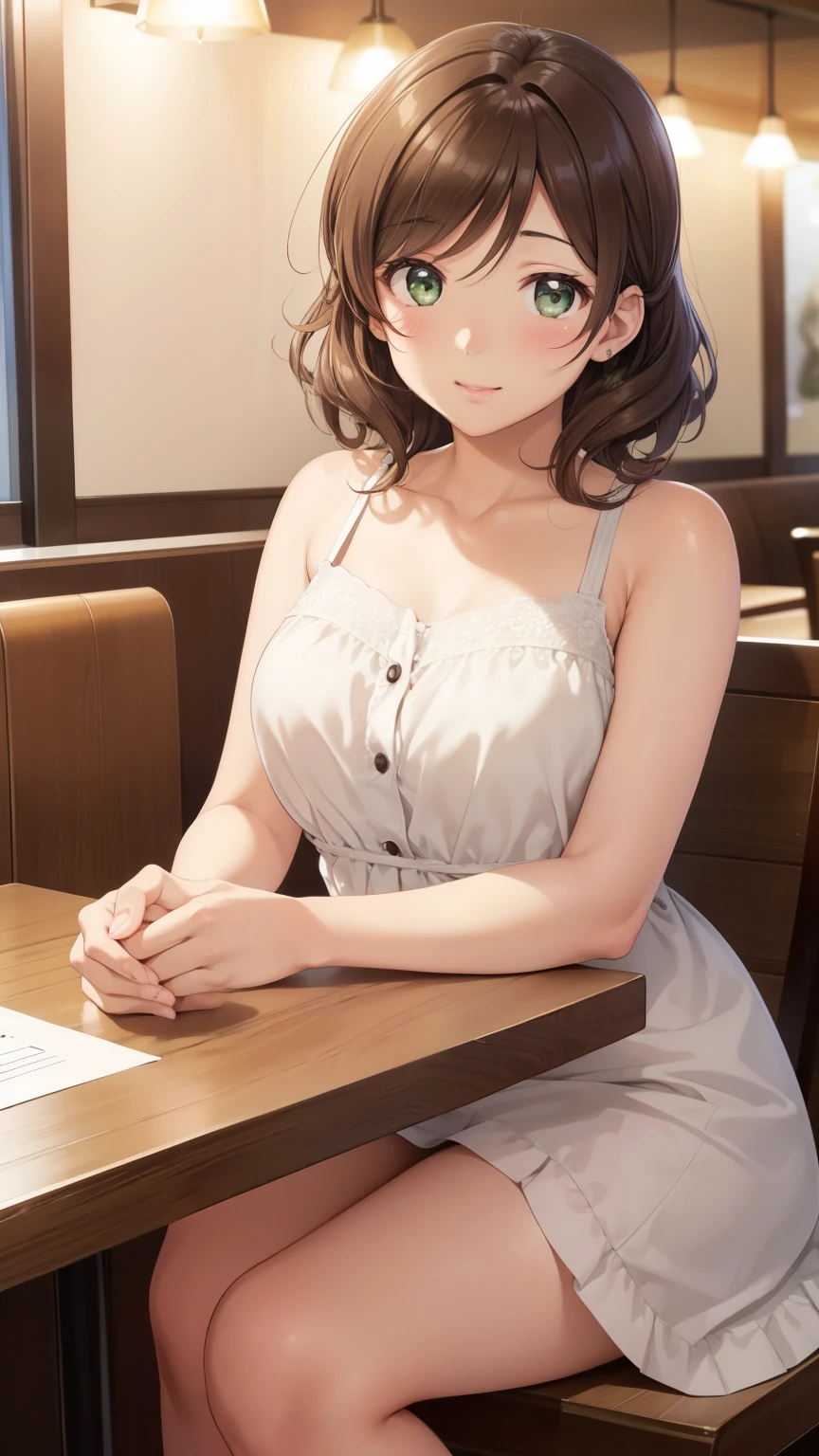 nozomitoujou, nozomi toujou, green eyes, brown hair, short curly hair, masterpiece, best quality, high resolution, beautiful detailed eyes, extremely detailed face, good lighting, detailed CG, messy hair, glossy lips, crowd, light smile, dress, sitting at a table, restaurant, side view