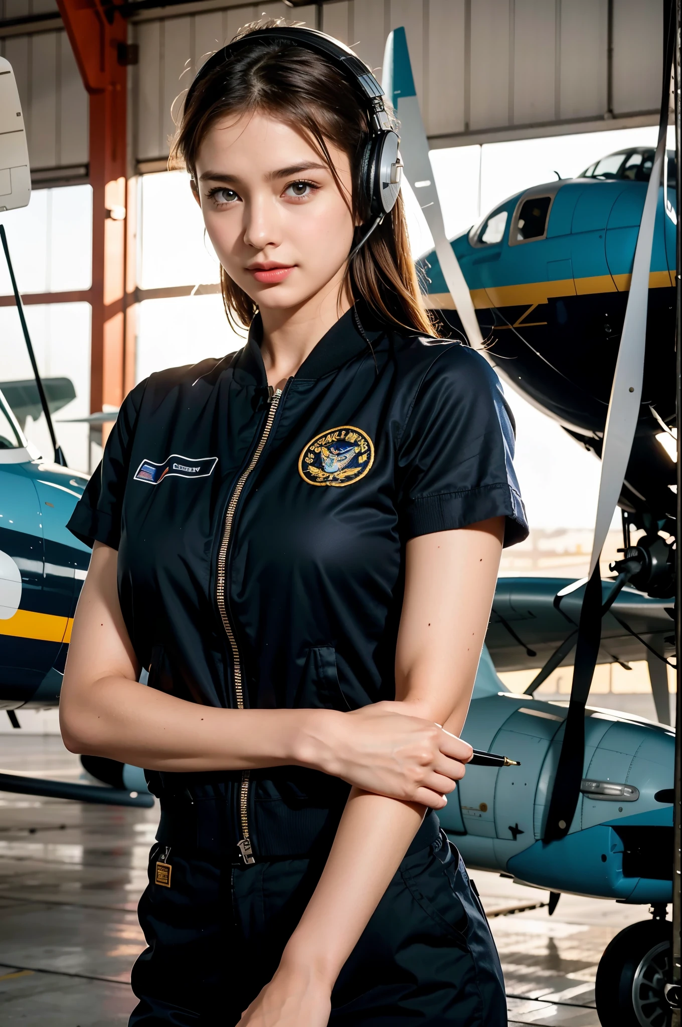 Best quality, ((insanely Realistic RAW photo)), professional photograph, intricate composition, an extremely delicate and beautiful, ultra high res, professional natural lighting and shading, ((Realistic image of a extremely pretty female Aircraft mechanic, solo)), Inside a spacious Aircraft hangar, Vintage airplanes of the World War II era line the background, (Wearing a MA-1 Flight Jacket), (Wearing a headset), (wearing short pants), faint smile, She does aircraft maintenance, very professional mechanic, ((extremely beautifully detailed eyes and face)), ((insanely beautiful natural skin texture)), (Accurate eyes), Accurate hands, Well-balanced overall body