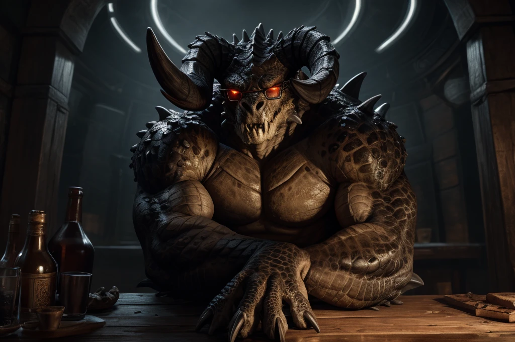 solo, male, deathclaw, scales, glowing eyes, glasses, gendou pose, hands together, elbows on table, front view, detailed, hi res, masterpiece, best quality, 