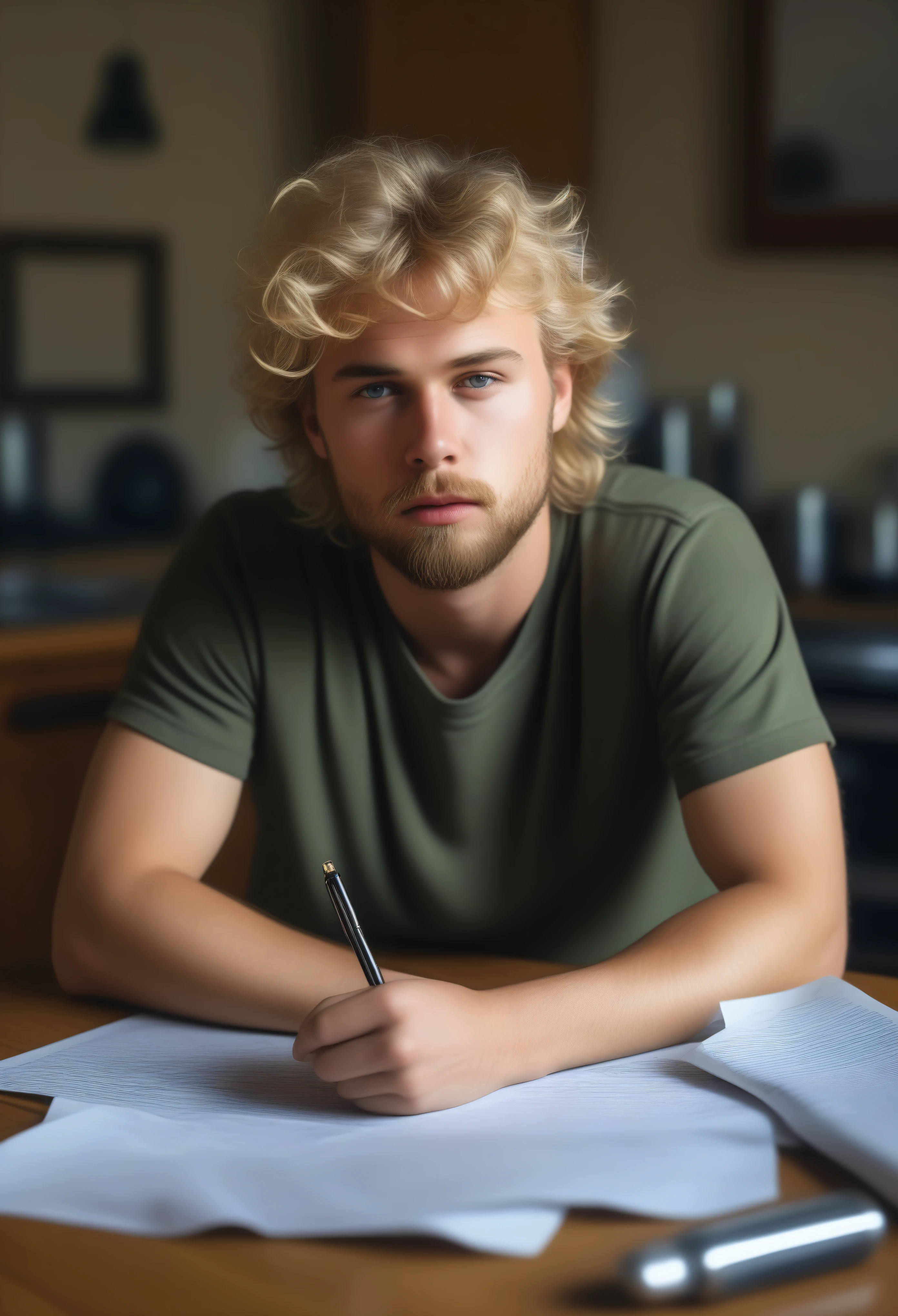 masterpiece, photo art, photorealistic, precise focus, brilliant details, man, striking face, blond wavy hair, short beard, european guy, rapper, writing his lyrics, kitchen, kitchen table, kitchen chair, beer glass, pad and pen, crumpled paper